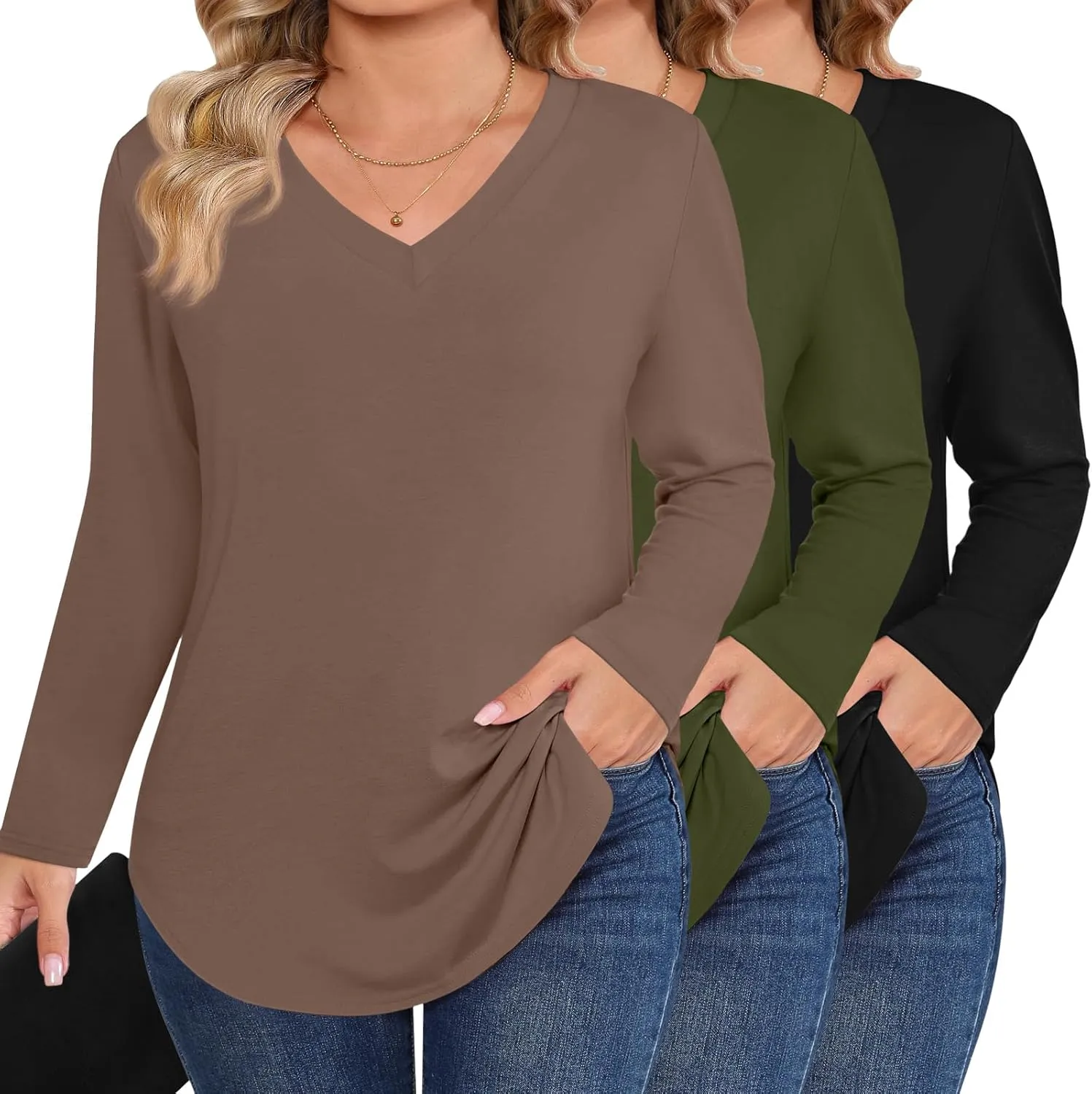 Ficerd 3 Pack Women's Plus Size T-Shirts, V Neck Long Sleeve Blouse Shirts Loose Fit Curved Hem Tees Casual Swing Tunic Tops