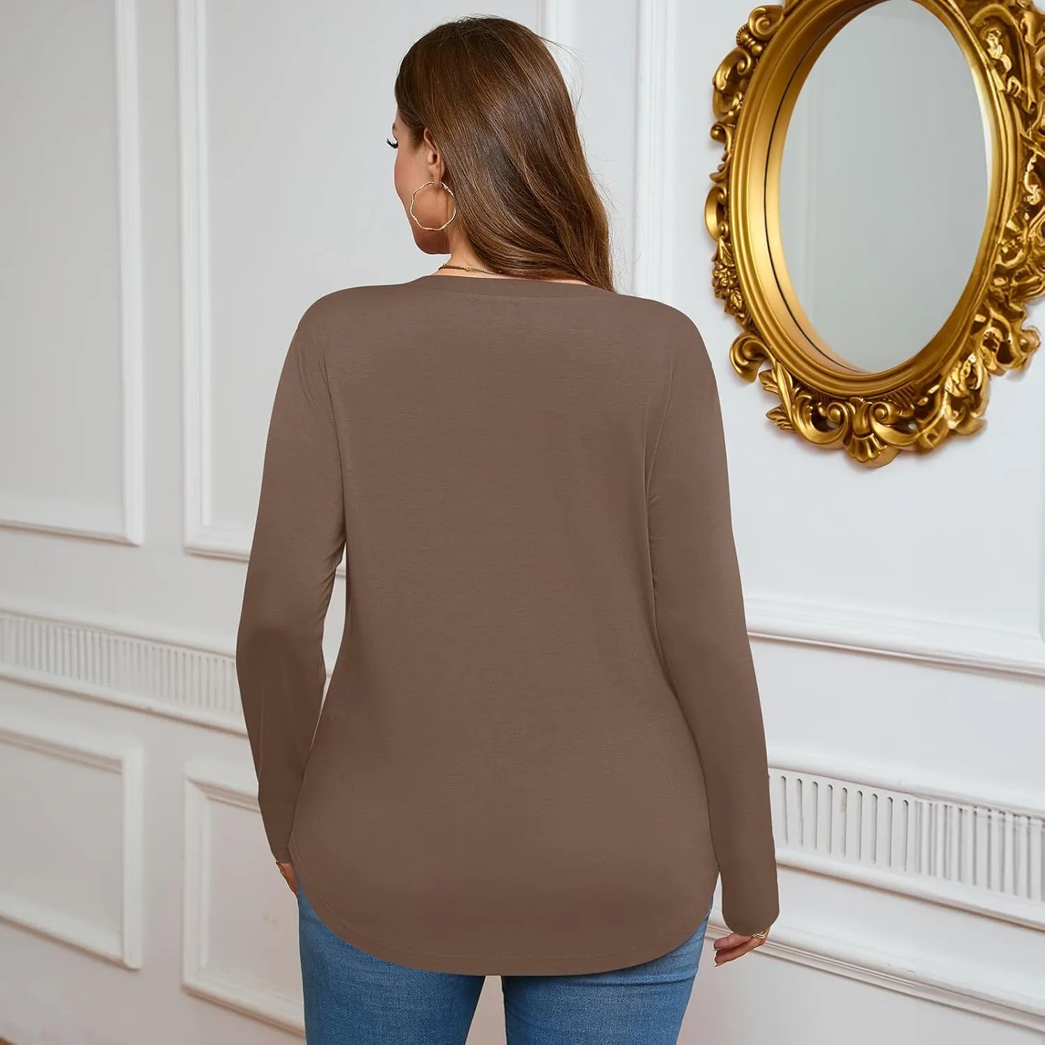 Ficerd 3 Pack Women's Plus Size T-Shirts, V Neck Long Sleeve Blouse Shirts Loose Fit Curved Hem Tees Casual Swing Tunic Tops