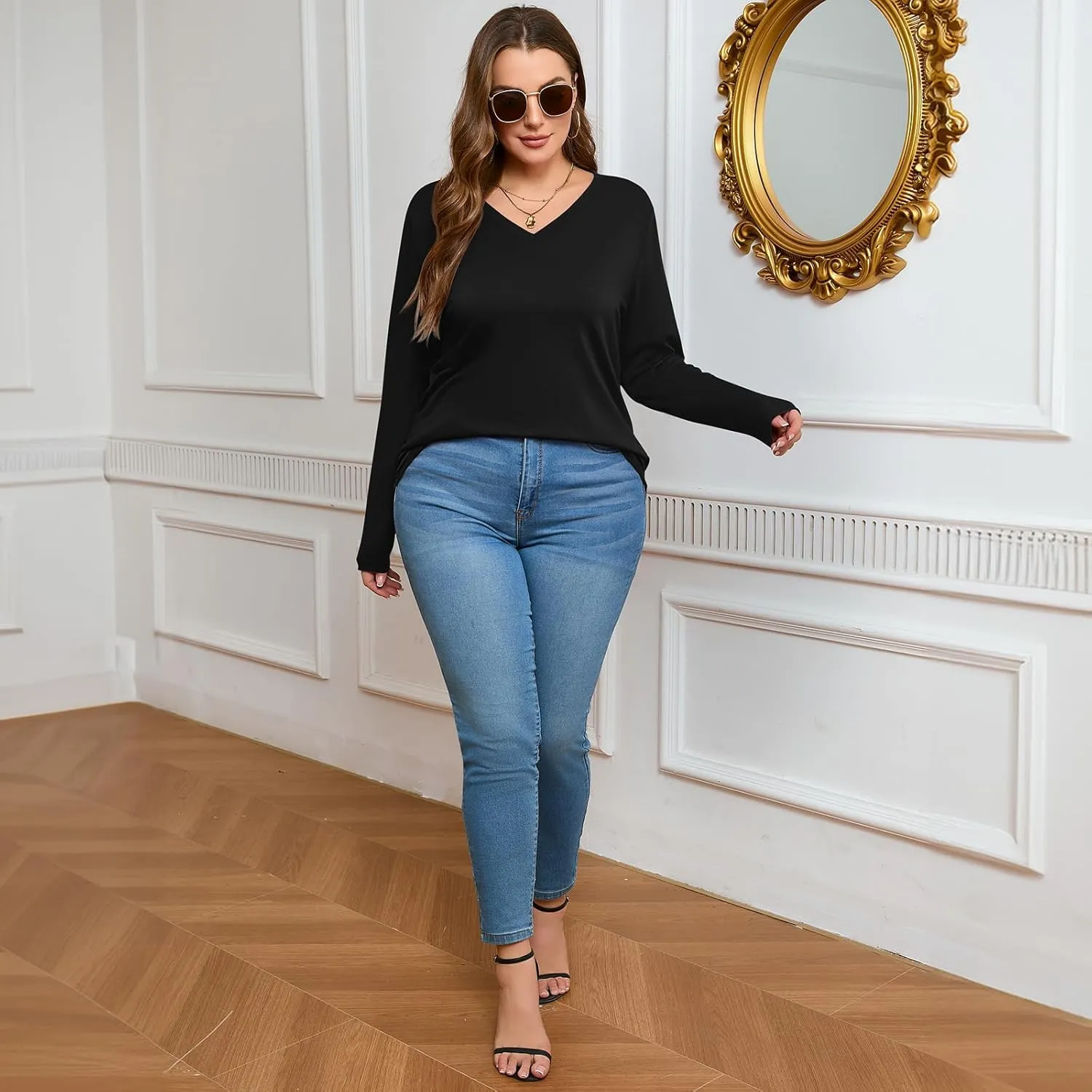 Ficerd 3 Pack Women's Plus Size T-Shirts, V Neck Long Sleeve Blouse Shirts Loose Fit Curved Hem Tees Casual Swing Tunic Tops