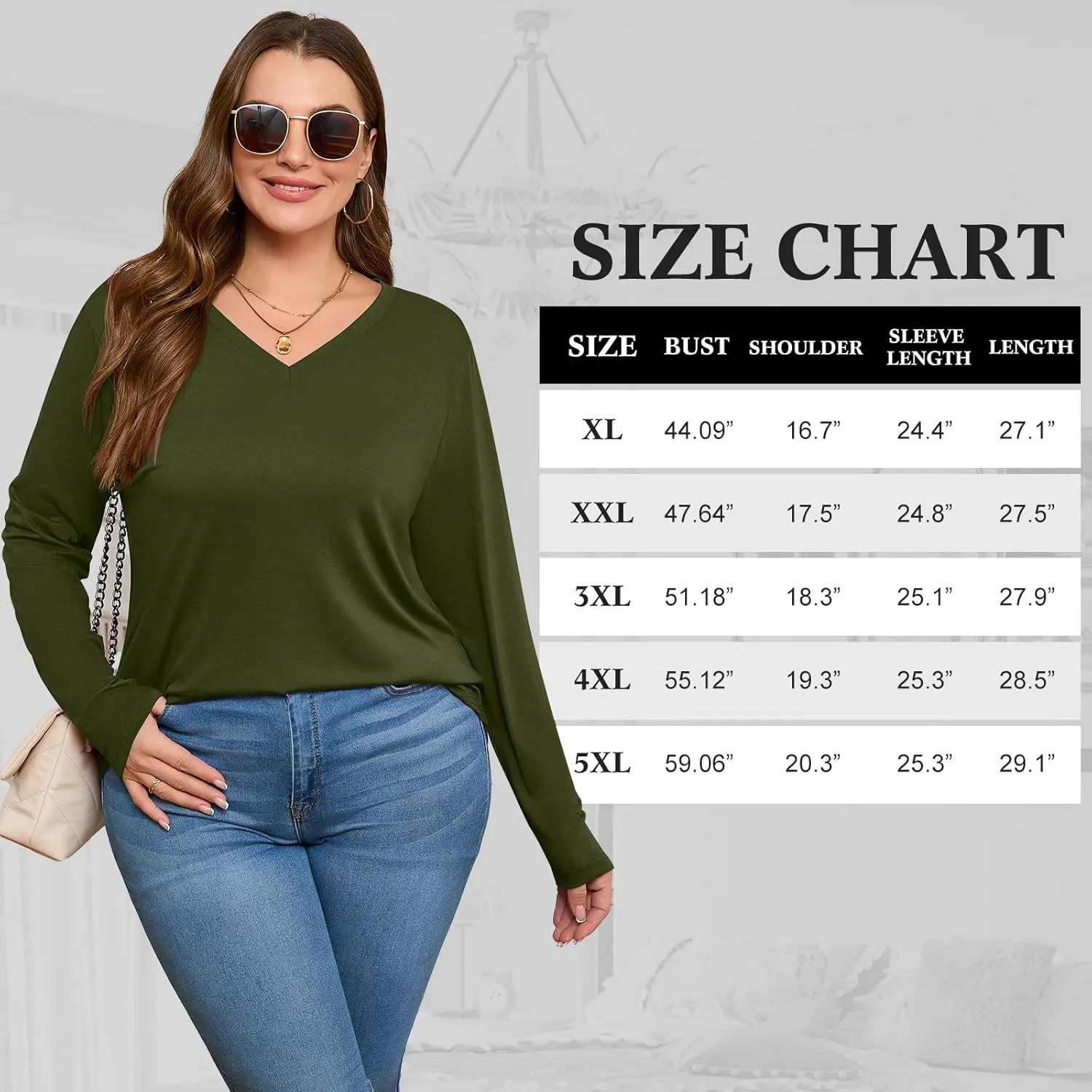 Ficerd 3 Pack Women's Plus Size T-Shirts, V Neck Long Sleeve Blouse Shirts Loose Fit Curved Hem Tees Casual Swing Tunic Tops