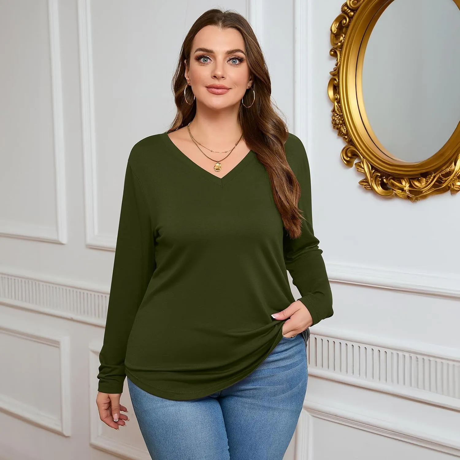 Ficerd 3 Pack Women's Plus Size T-Shirts, V Neck Long Sleeve Blouse Shirts Loose Fit Curved Hem Tees Casual Swing Tunic Tops