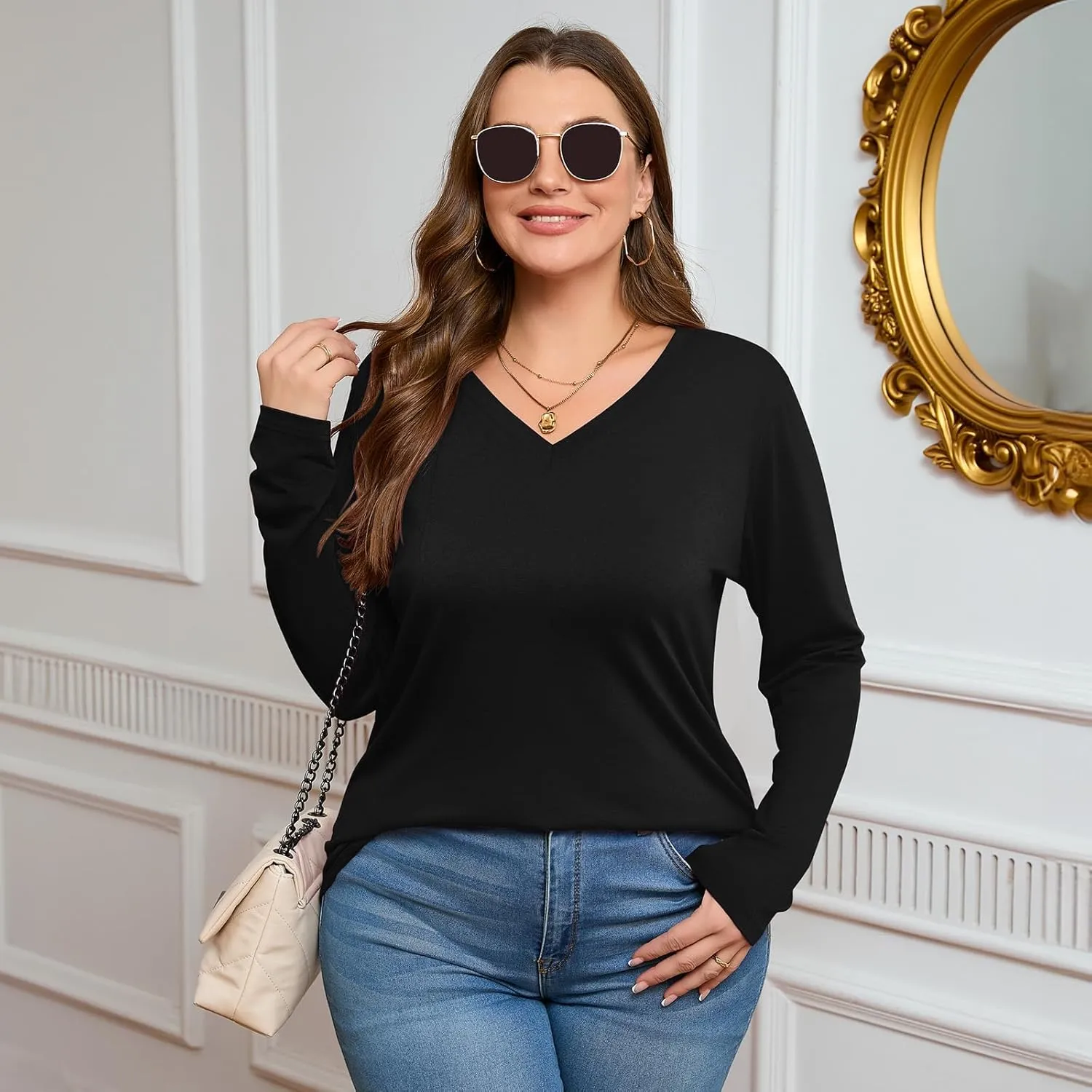 Ficerd 3 Pack Women's Plus Size T-Shirts, V Neck Long Sleeve Blouse Shirts Loose Fit Curved Hem Tees Casual Swing Tunic Tops
