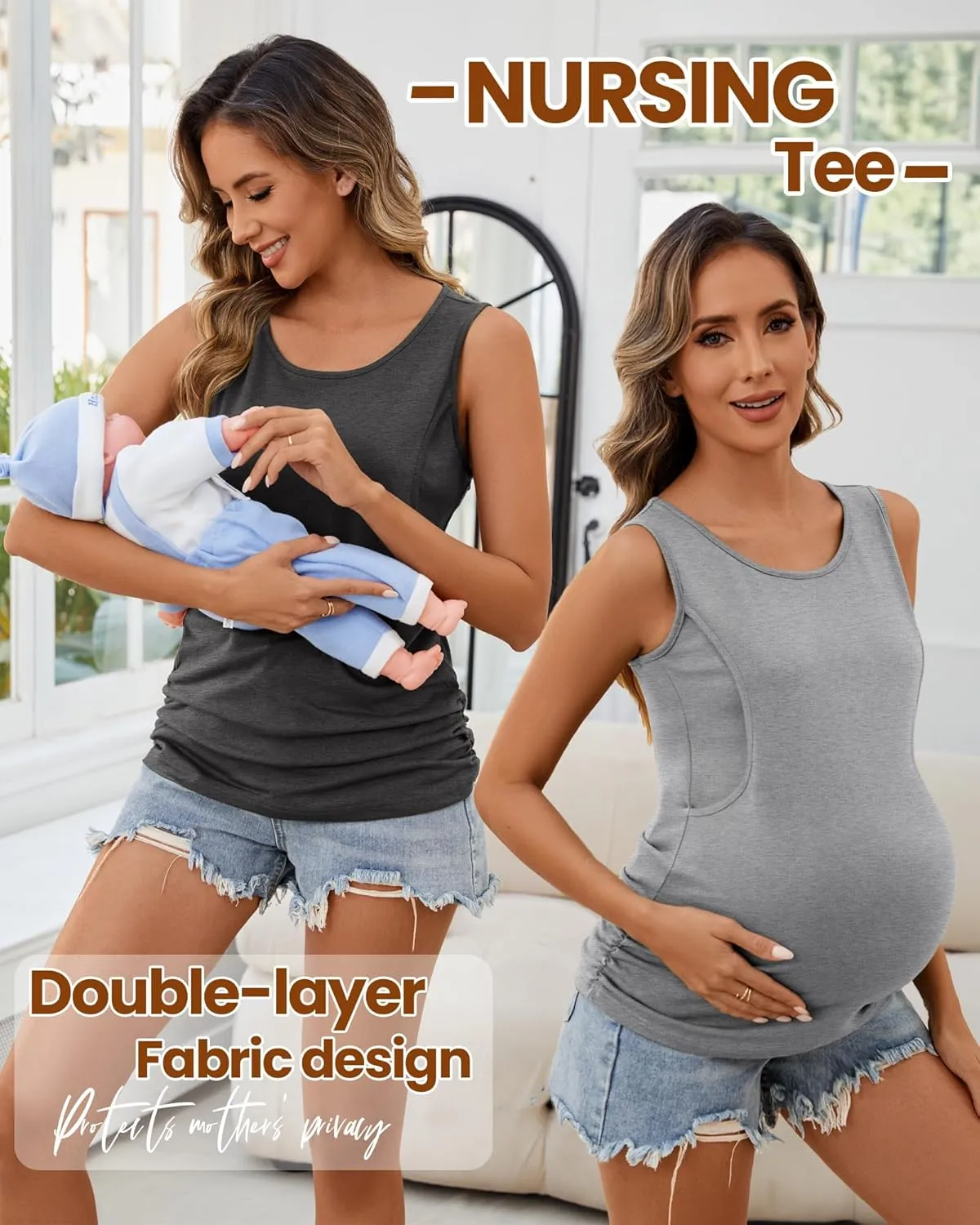 Ficerd 4 Pack Women's Cotton Nursing Tank Tops Sleeveless Breastfeeding Maternity Shirts Double Layer Pregnancy Clothes