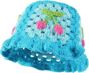 Fiewmay Crochet Bucket Hat for Women Handmade Floral Hat Portable Knitted Elastic Cute Beach Hat for Vacation Traveling