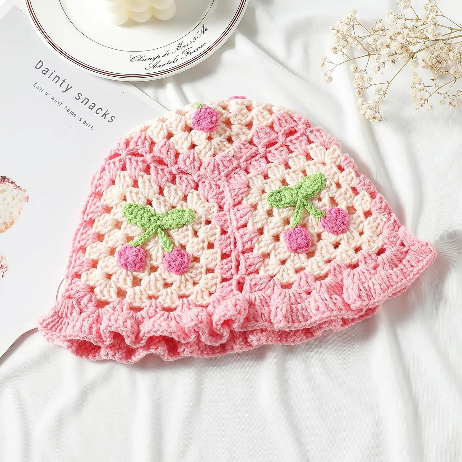 Fiewmay Crochet Bucket Hat for Women Handmade Floral Hat Portable Knitted Elastic Cute Beach Hat for Vacation Traveling