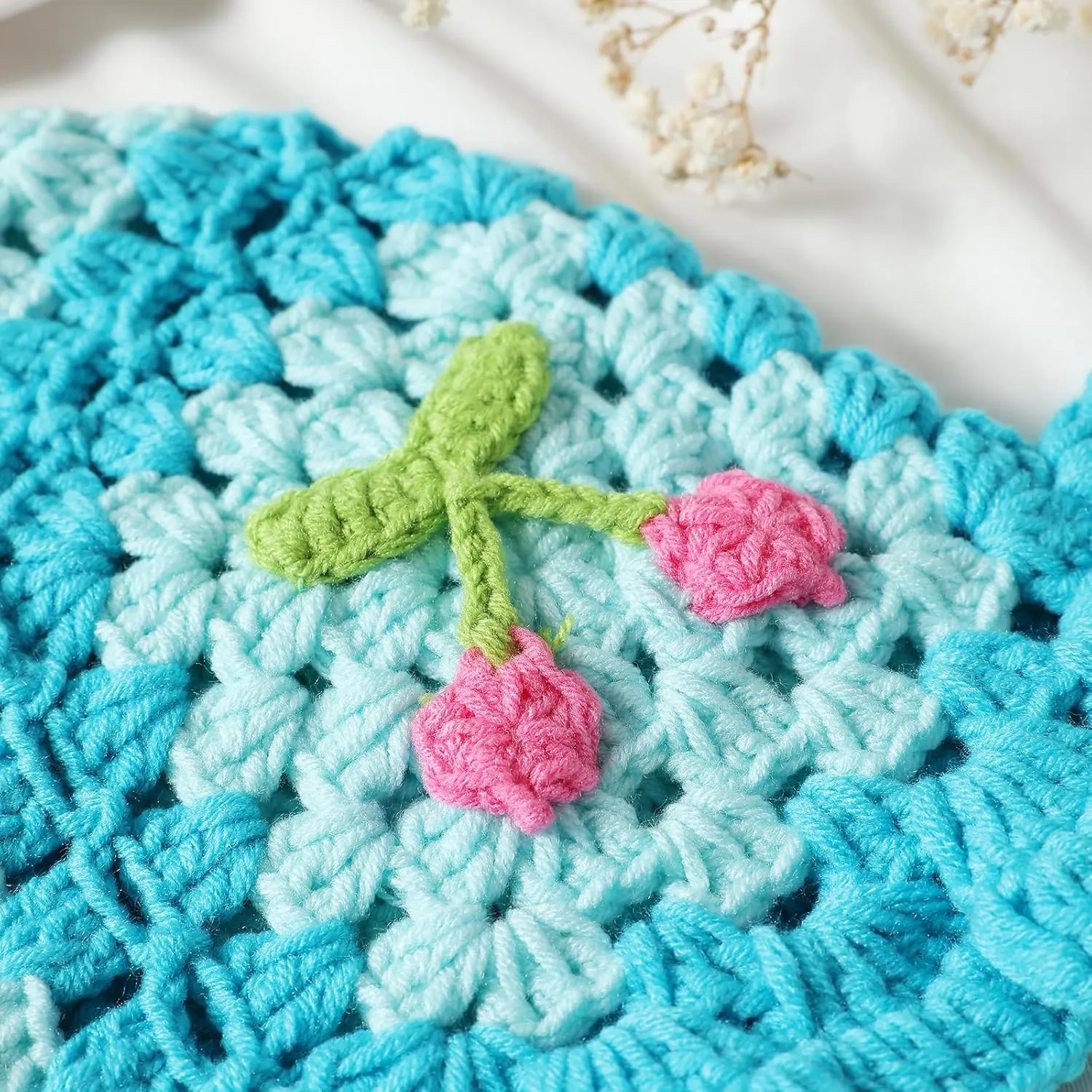 Fiewmay Crochet Bucket Hat for Women Handmade Floral Hat Portable Knitted Elastic Cute Beach Hat for Vacation Traveling