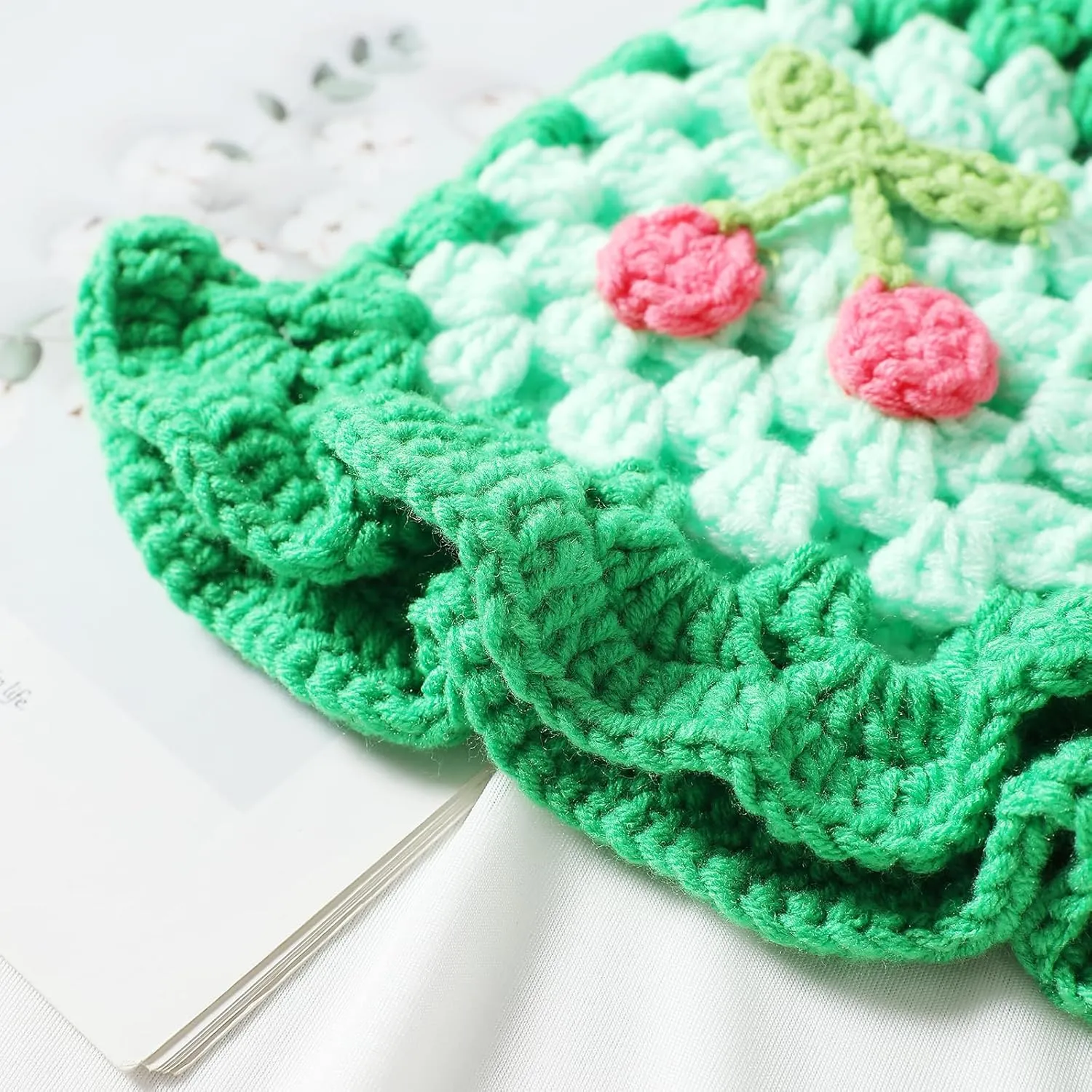 Fiewmay Crochet Bucket Hat for Women Handmade Floral Hat Portable Knitted Elastic Cute Beach Hat for Vacation Traveling
