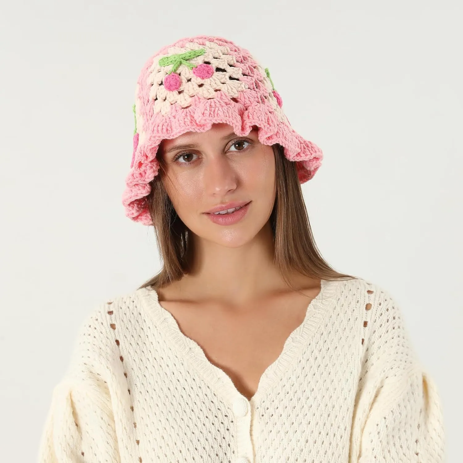 Fiewmay Crochet Bucket Hat for Women Handmade Floral Hat Portable Knitted Elastic Cute Beach Hat for Vacation Traveling