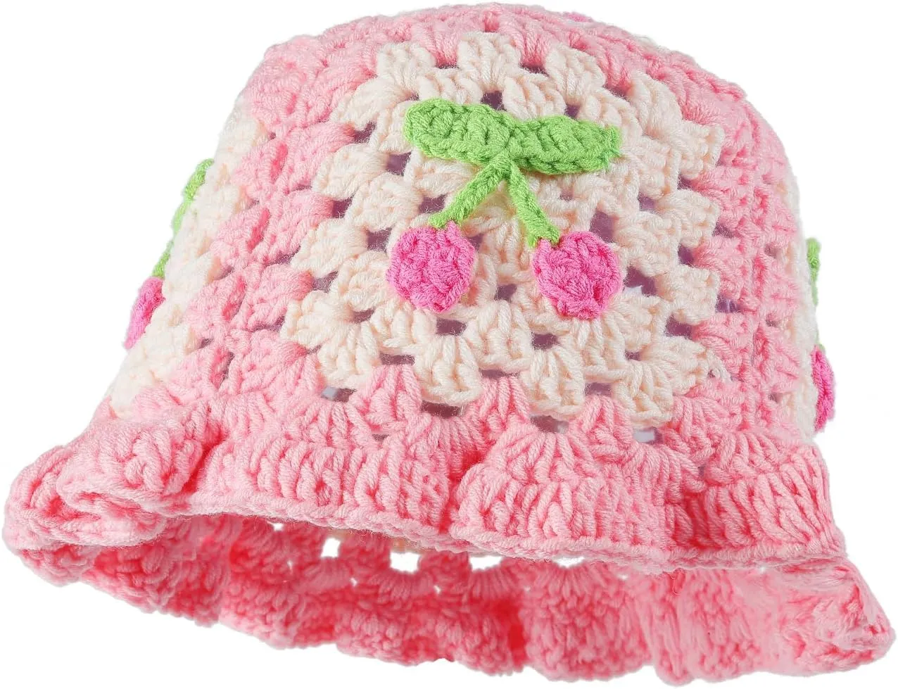 Fiewmay Crochet Bucket Hat for Women Handmade Floral Hat Portable Knitted Elastic Cute Beach Hat for Vacation Traveling