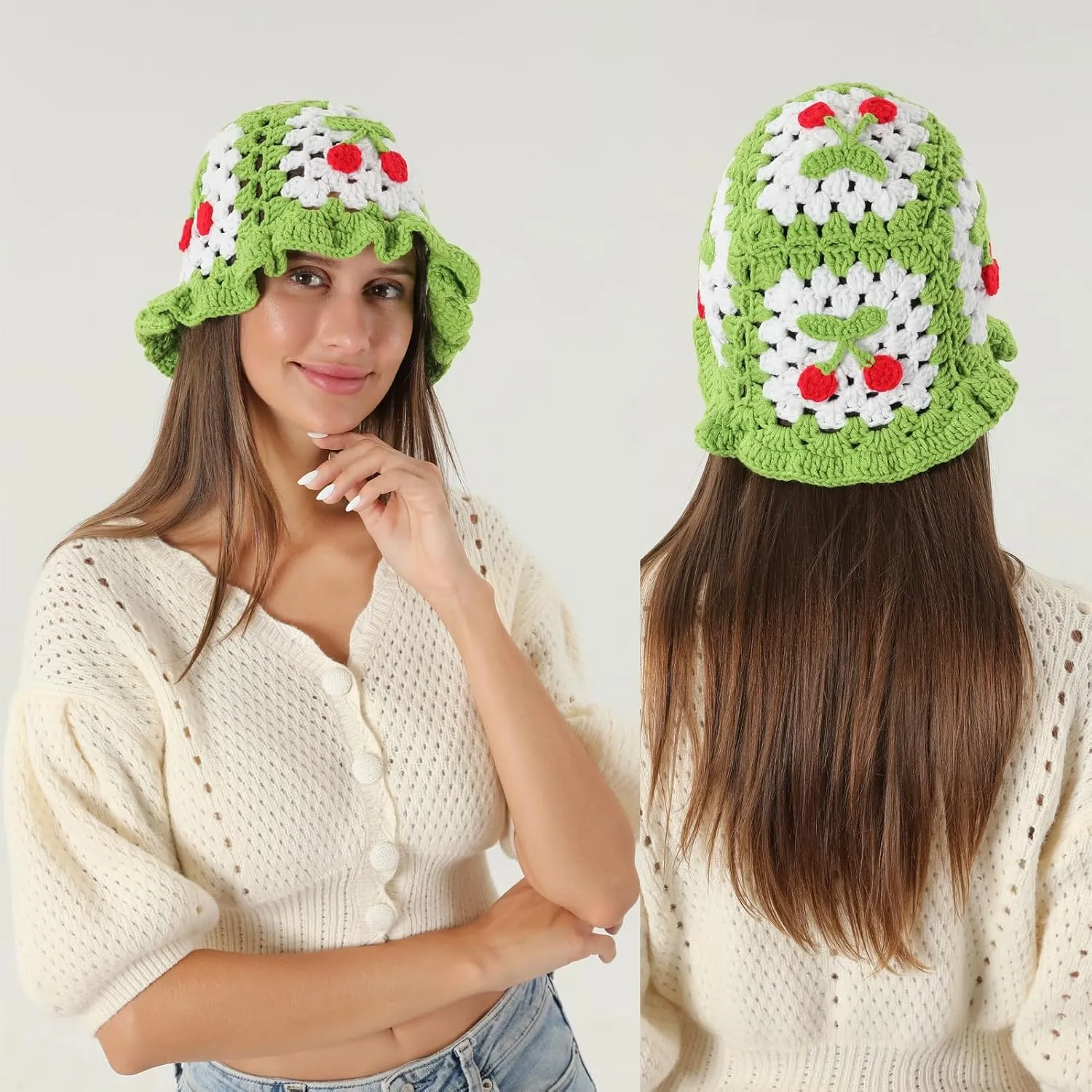 Fiewmay Crochet Bucket Hat for Women Handmade Floral Hat Portable Knitted Elastic Cute Beach Hat for Vacation Traveling