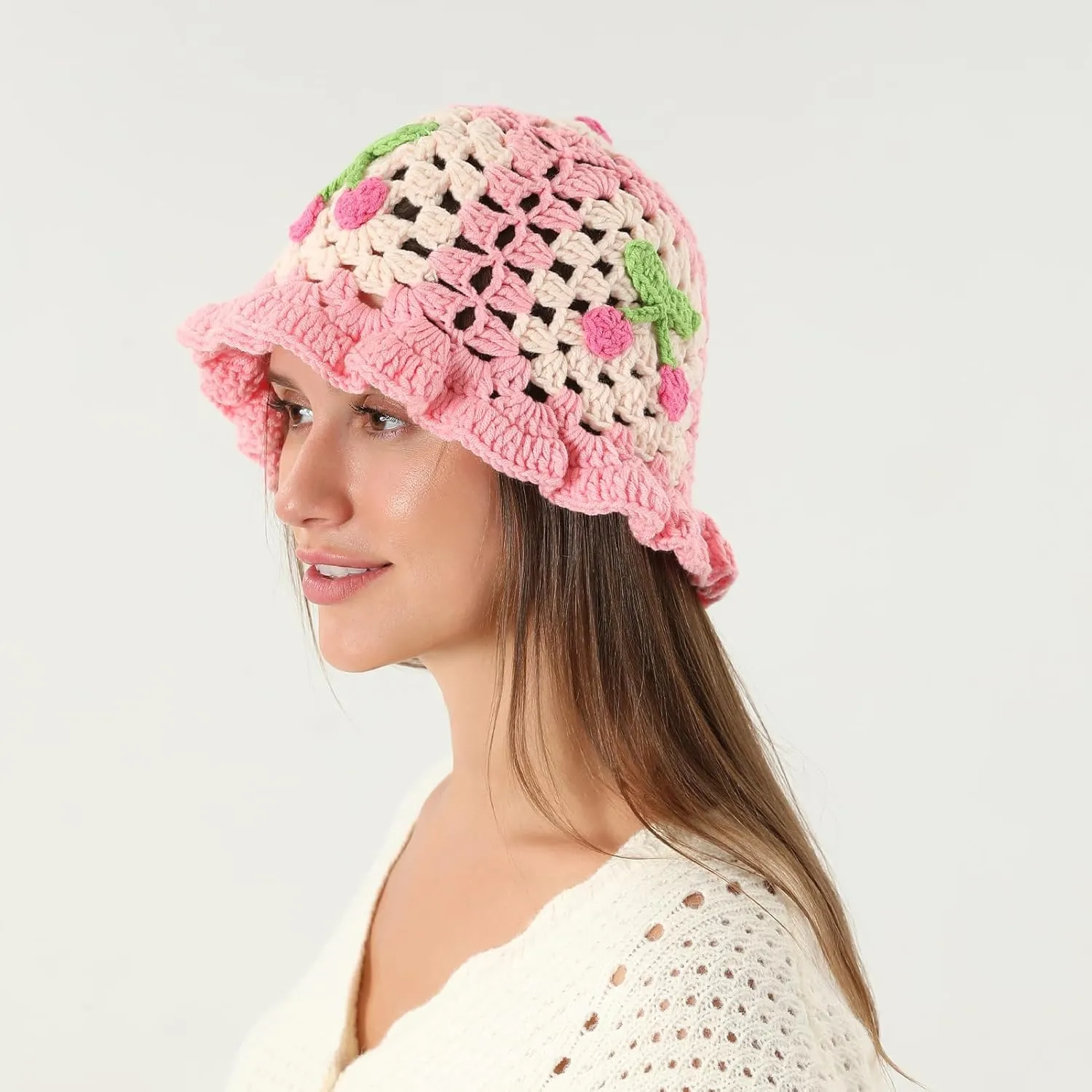 Fiewmay Crochet Bucket Hat for Women Handmade Floral Hat Portable Knitted Elastic Cute Beach Hat for Vacation Traveling