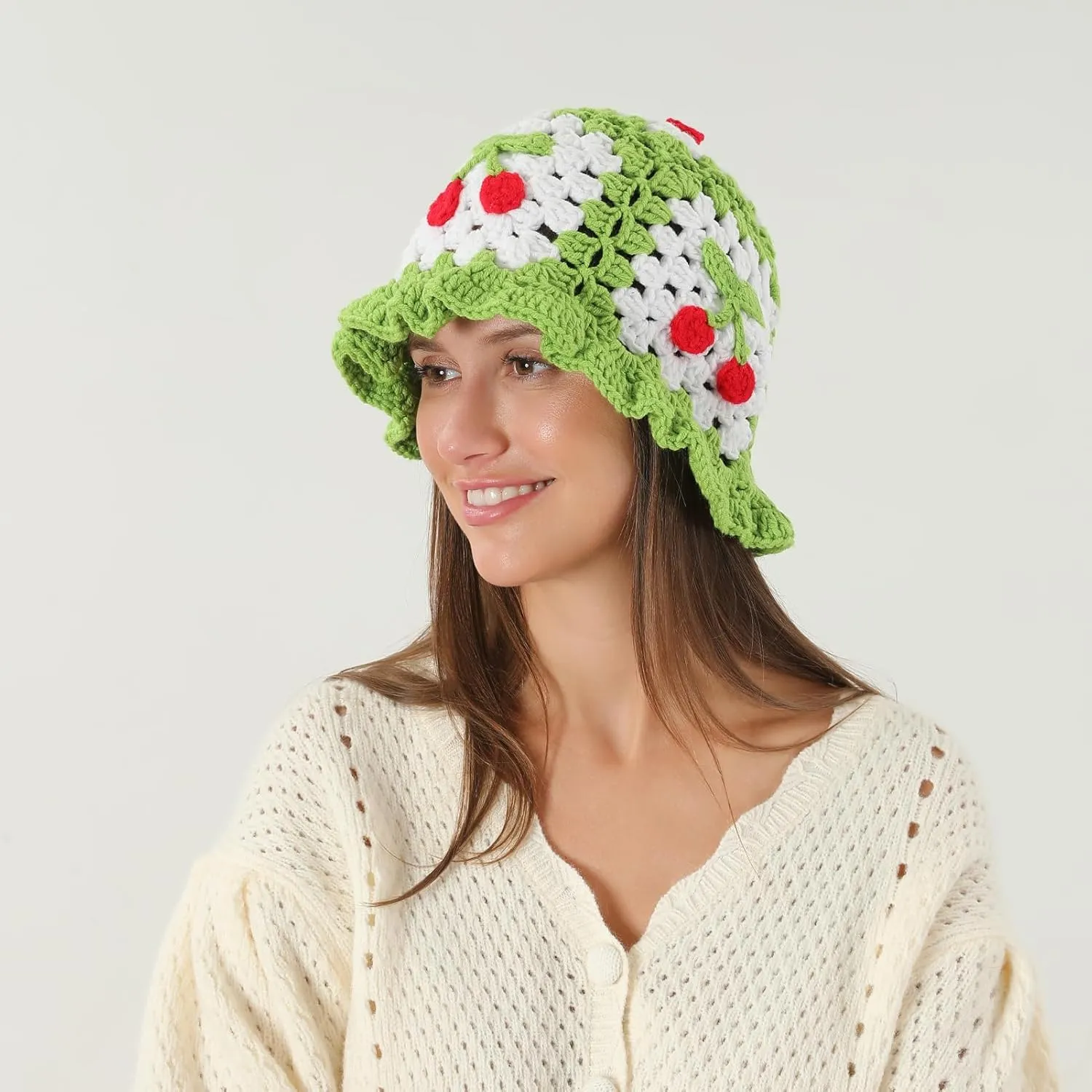 Fiewmay Crochet Bucket Hat for Women Handmade Floral Hat Portable Knitted Elastic Cute Beach Hat for Vacation Traveling