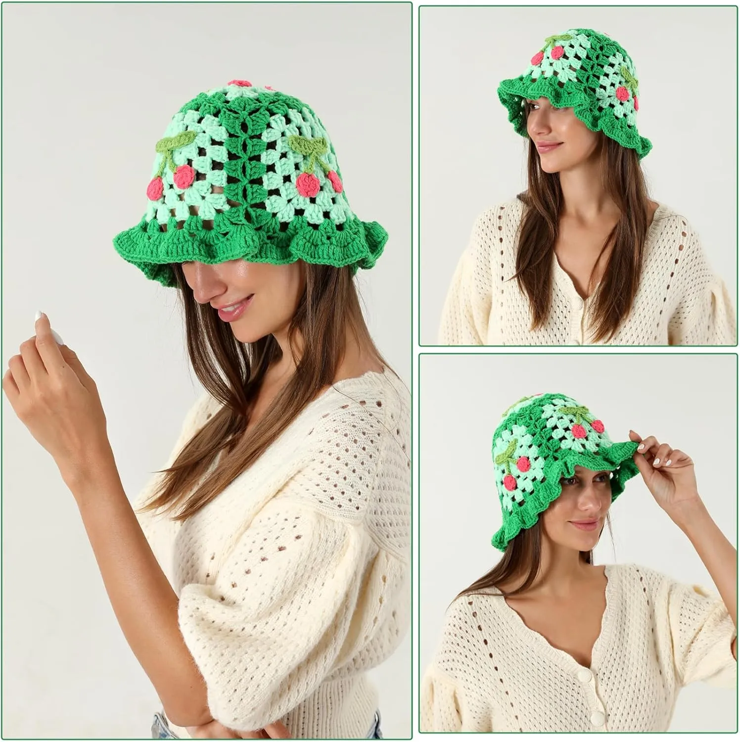 Fiewmay Crochet Bucket Hat for Women Handmade Floral Hat Portable Knitted Elastic Cute Beach Hat for Vacation Traveling