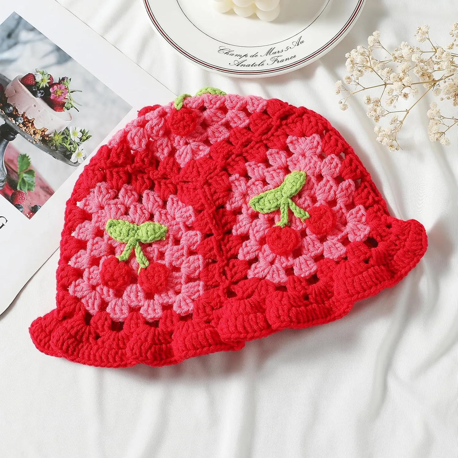 Fiewmay Crochet Bucket Hat for Women Handmade Floral Hat Portable Knitted Elastic Cute Beach Hat for Vacation Traveling