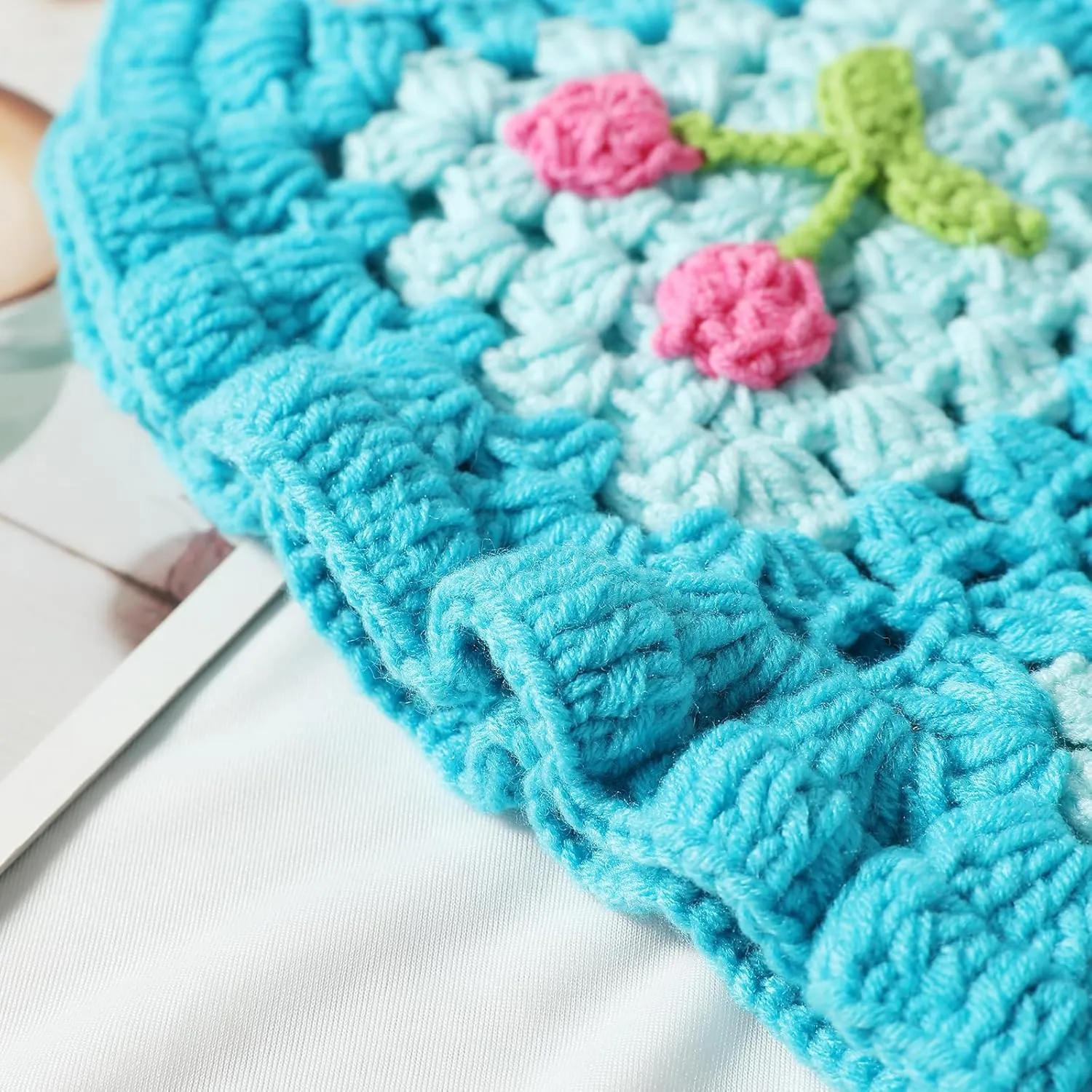 Fiewmay Crochet Bucket Hat for Women Handmade Floral Hat Portable Knitted Elastic Cute Beach Hat for Vacation Traveling