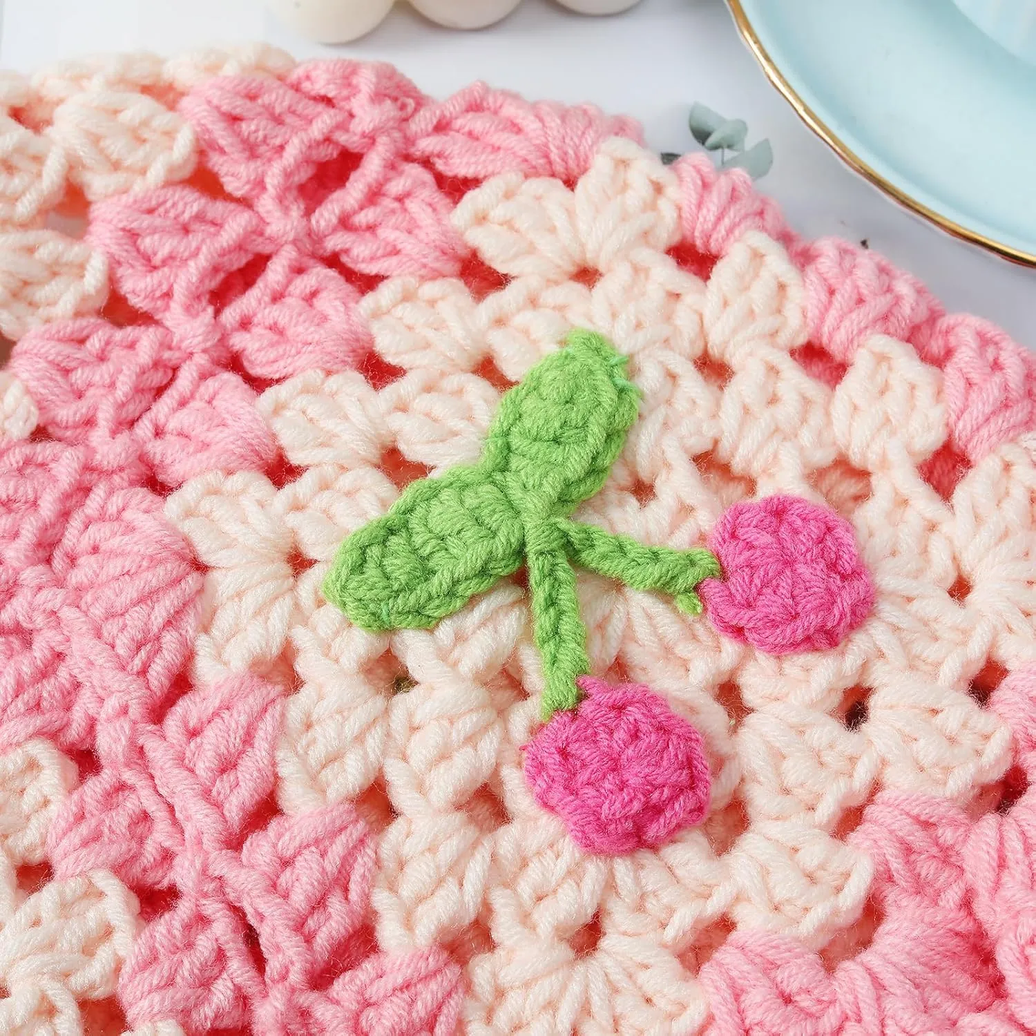 Fiewmay Crochet Bucket Hat for Women Handmade Floral Hat Portable Knitted Elastic Cute Beach Hat for Vacation Traveling