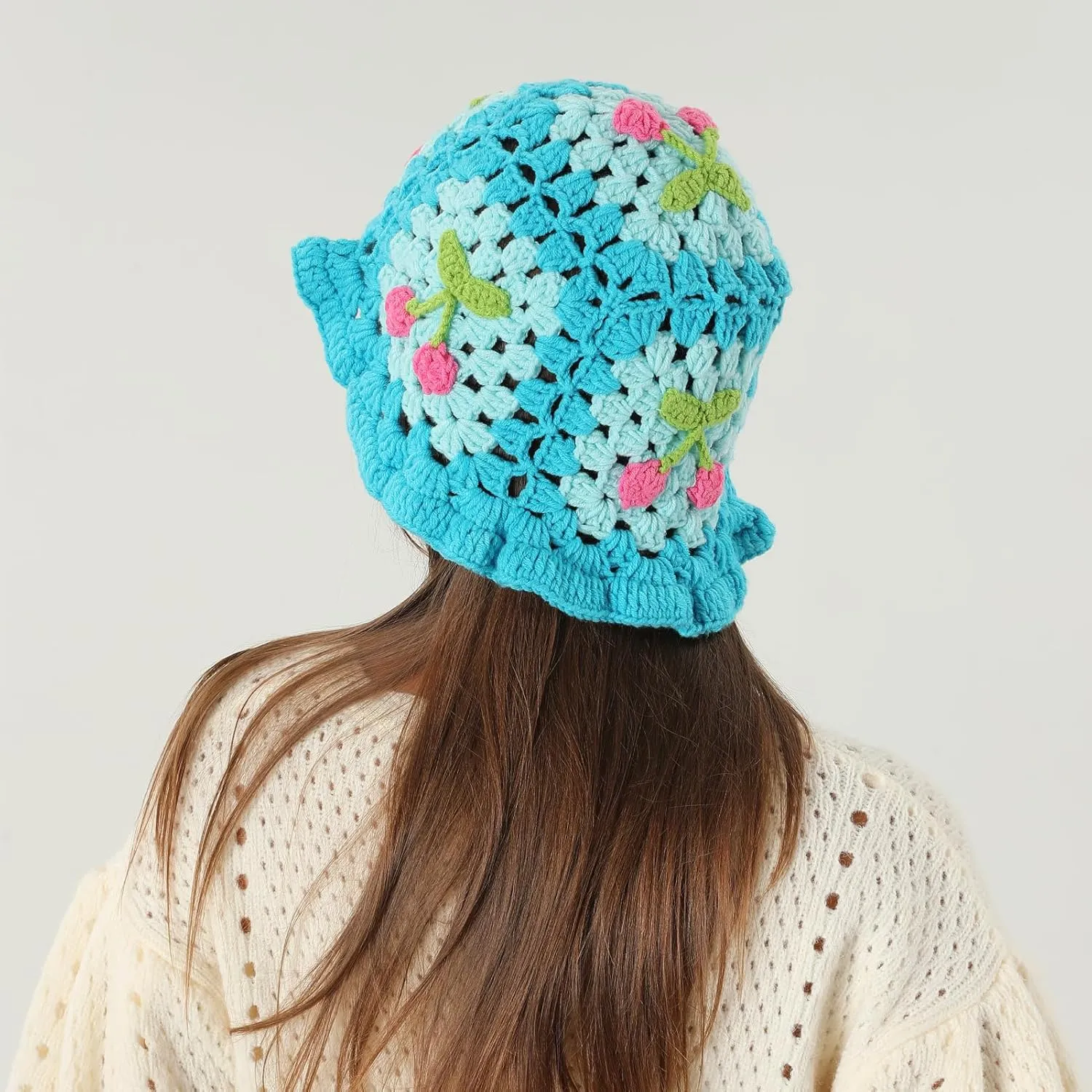 Fiewmay Crochet Bucket Hat for Women Handmade Floral Hat Portable Knitted Elastic Cute Beach Hat for Vacation Traveling