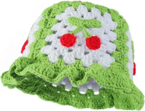 Fiewmay Crochet Bucket Hat for Women Handmade Floral Hat Portable Knitted Elastic Cute Beach Hat for Vacation Traveling