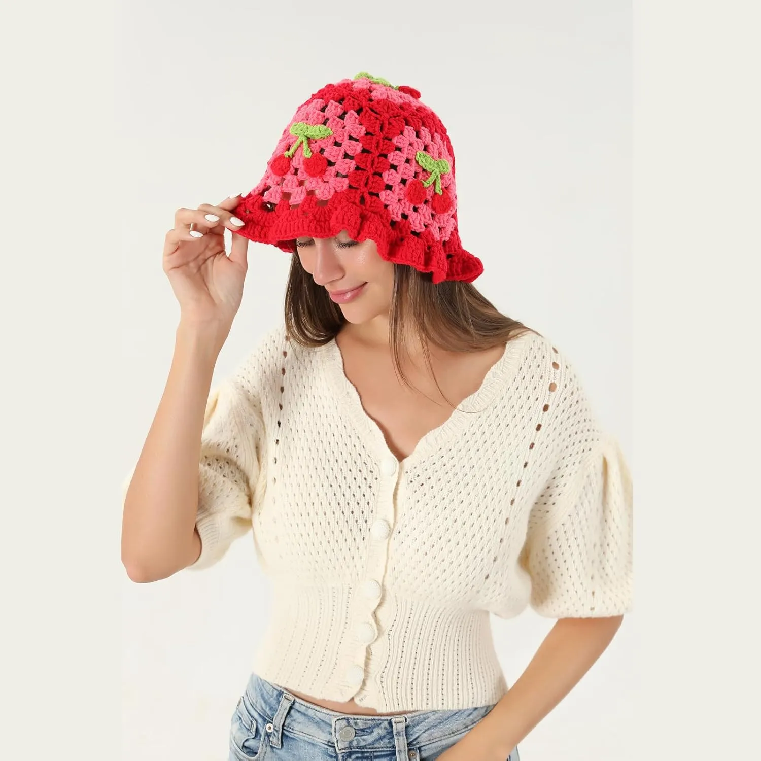 Fiewmay Crochet Bucket Hat for Women Handmade Floral Hat Portable Knitted Elastic Cute Beach Hat for Vacation Traveling