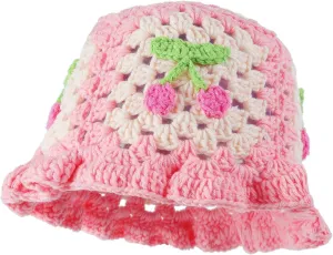 Fiewmay Crochet Bucket Hat for Women Handmade Floral Hat Portable Knitted Elastic Cute Beach Hat for Vacation Traveling