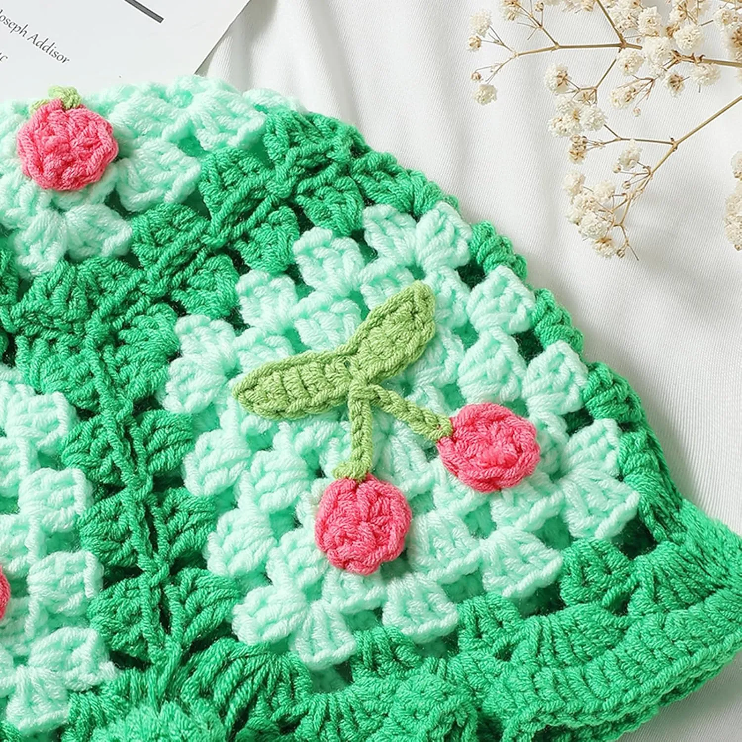 Fiewmay Crochet Bucket Hat for Women Handmade Floral Hat Portable Knitted Elastic Cute Beach Hat for Vacation Traveling