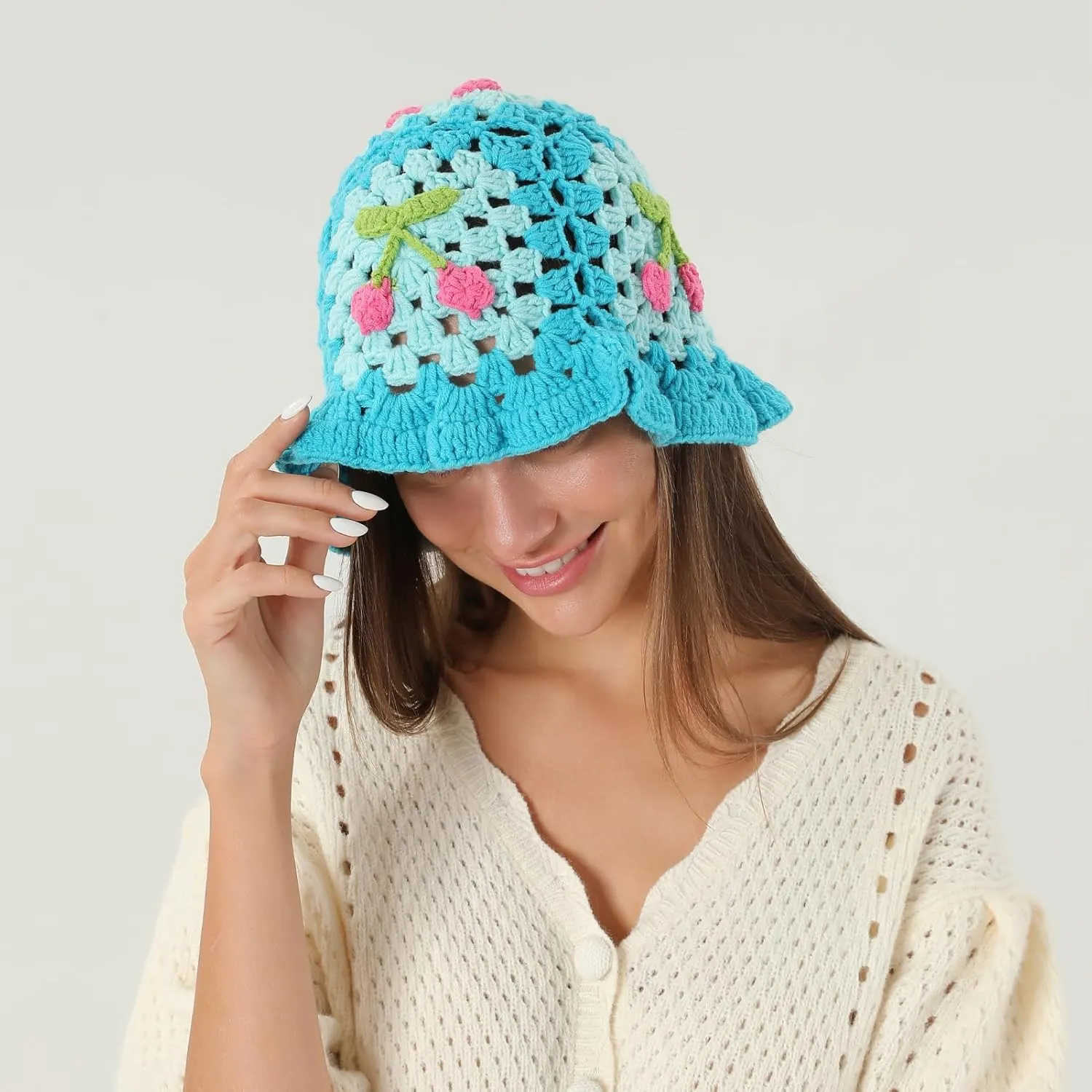 Fiewmay Crochet Bucket Hat for Women Handmade Floral Hat Portable Knitted Elastic Cute Beach Hat for Vacation Traveling