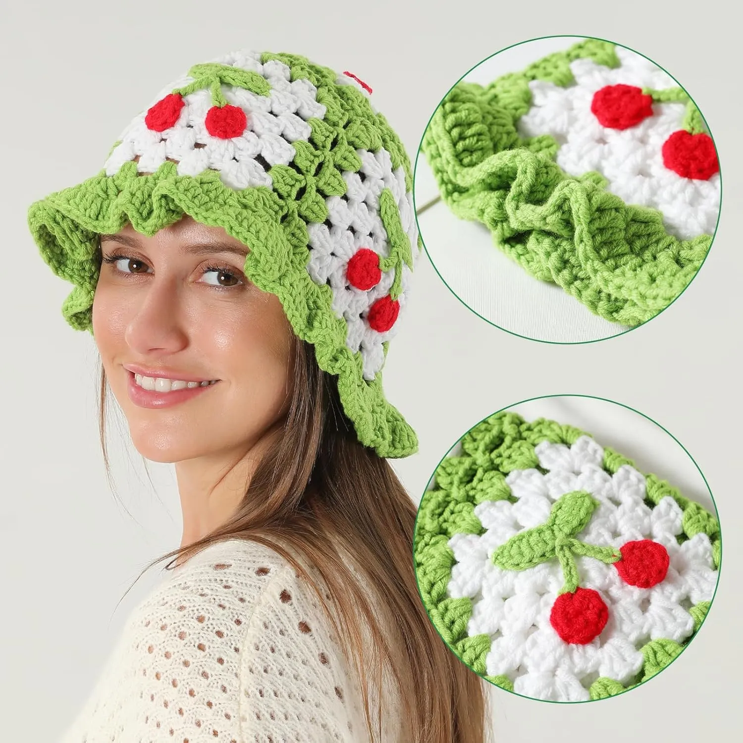 Fiewmay Crochet Bucket Hat for Women Handmade Floral Hat Portable Knitted Elastic Cute Beach Hat for Vacation Traveling