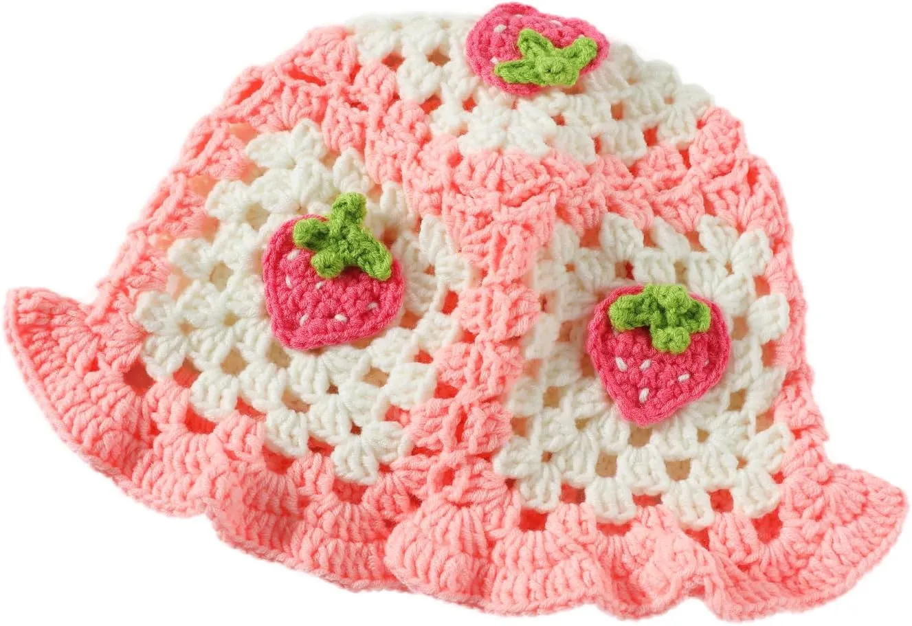 Fiewmay Crochet Bucket Hat for Women Handmade Floral Hat Portable Knitted Elastic Cute Beach Hat for Vacation Traveling