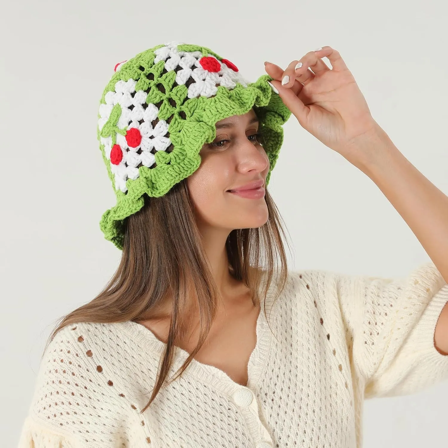 Fiewmay Crochet Bucket Hat for Women Handmade Floral Hat Portable Knitted Elastic Cute Beach Hat for Vacation Traveling
