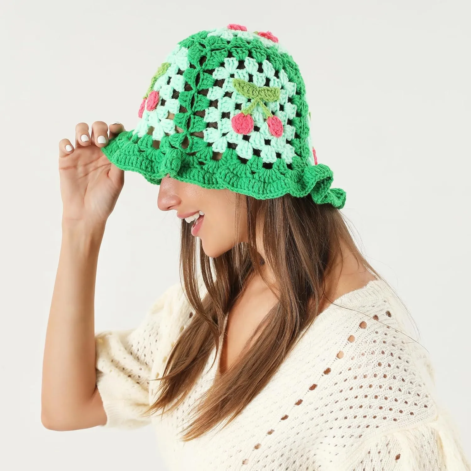 Fiewmay Crochet Bucket Hat for Women Handmade Floral Hat Portable Knitted Elastic Cute Beach Hat for Vacation Traveling