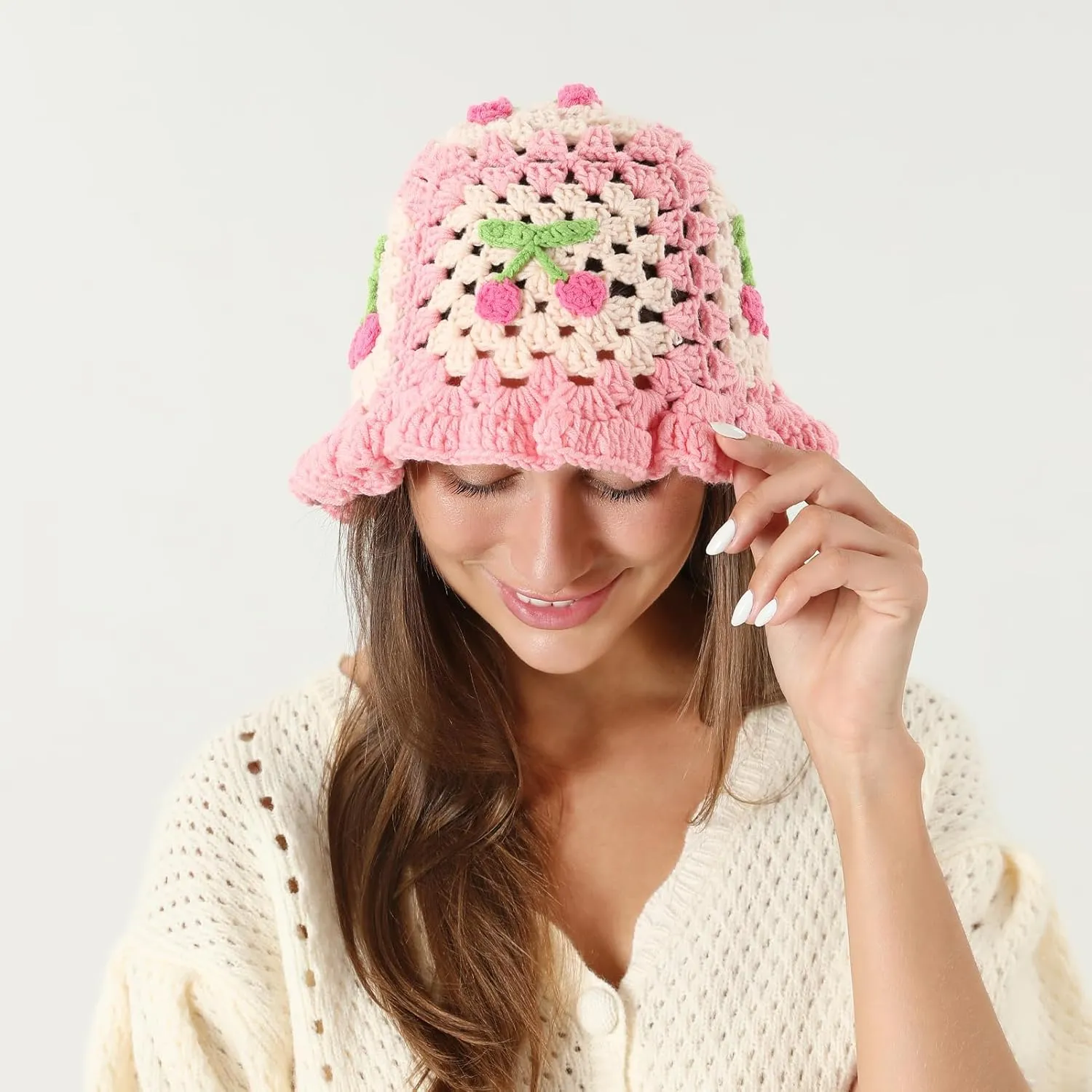Fiewmay Crochet Bucket Hat for Women Handmade Floral Hat Portable Knitted Elastic Cute Beach Hat for Vacation Traveling