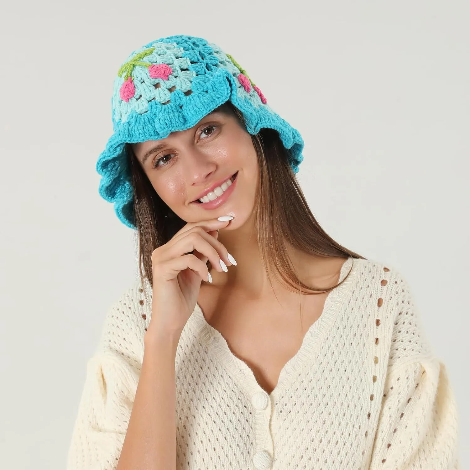 Fiewmay Crochet Bucket Hat for Women Handmade Floral Hat Portable Knitted Elastic Cute Beach Hat for Vacation Traveling
