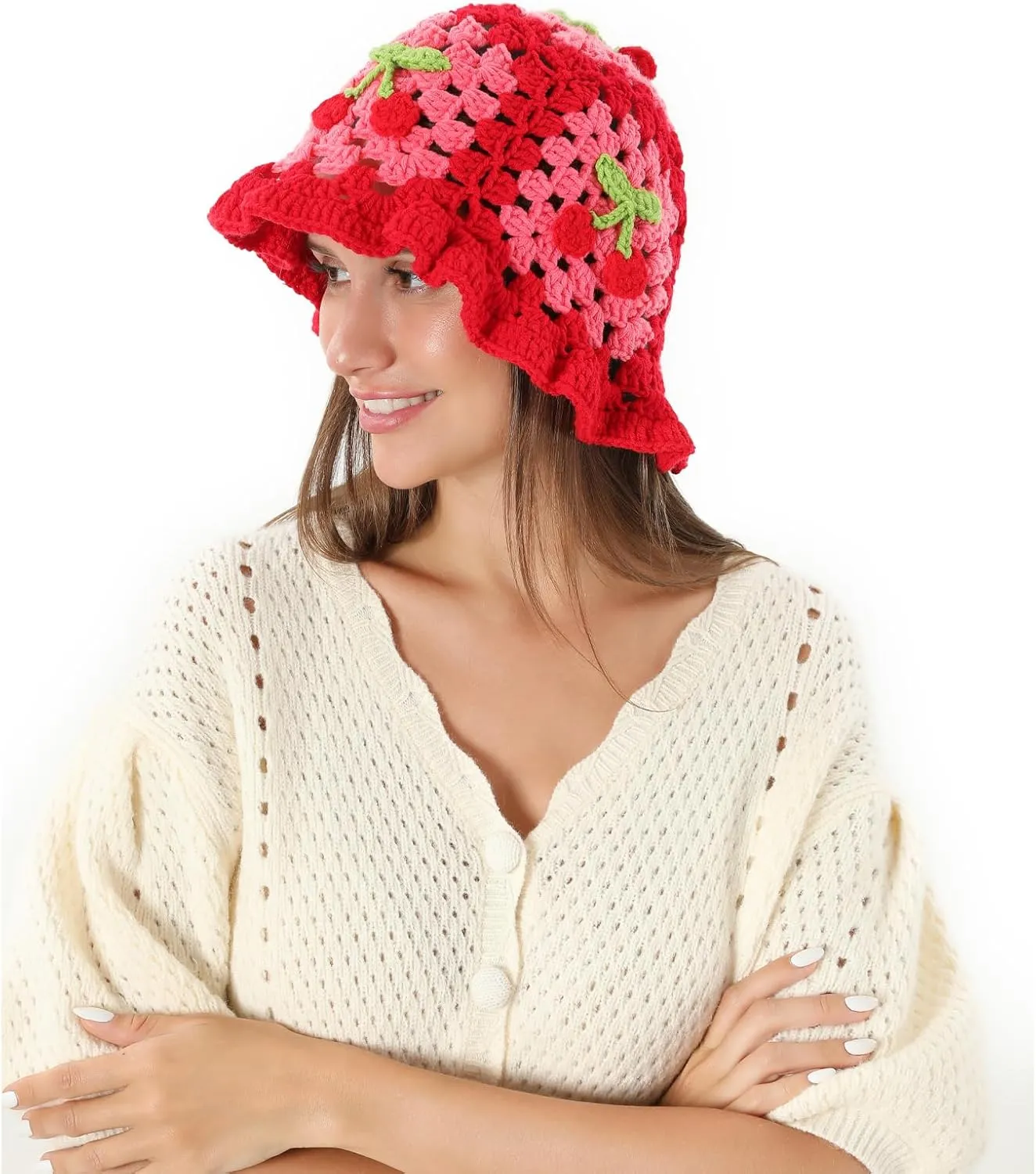 Fiewmay Crochet Bucket Hat for Women Handmade Floral Hat Portable Knitted Elastic Cute Beach Hat for Vacation Traveling