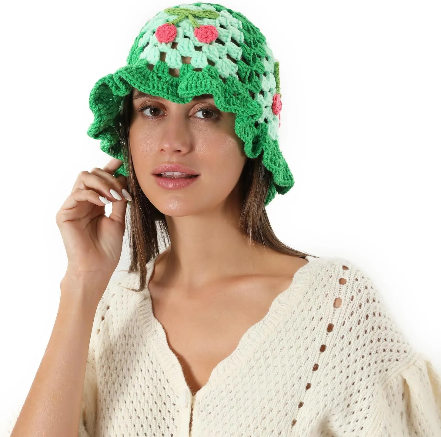 Fiewmay Crochet Bucket Hat for Women Handmade Floral Hat Portable Knitted Elastic Cute Beach Hat for Vacation Traveling