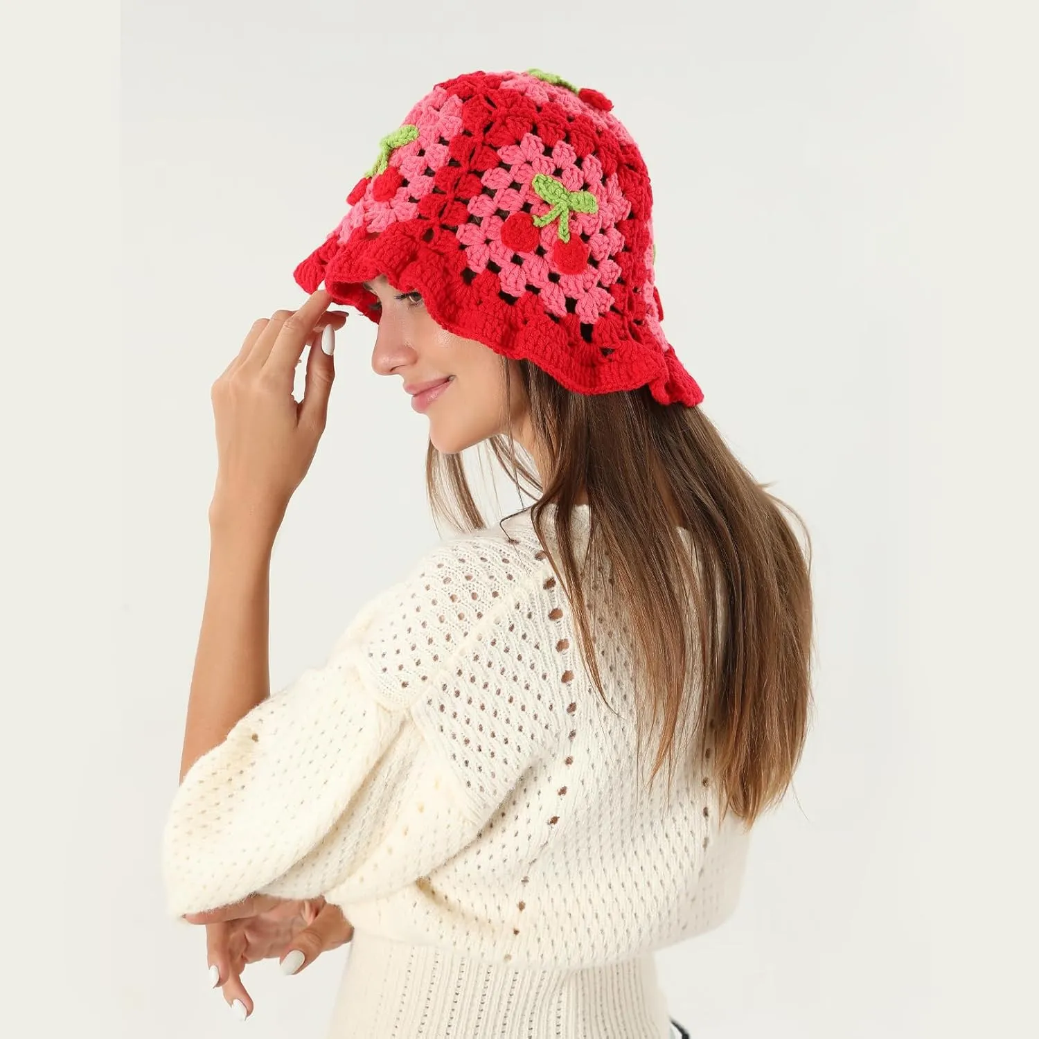 Fiewmay Crochet Bucket Hat for Women Handmade Floral Hat Portable Knitted Elastic Cute Beach Hat for Vacation Traveling