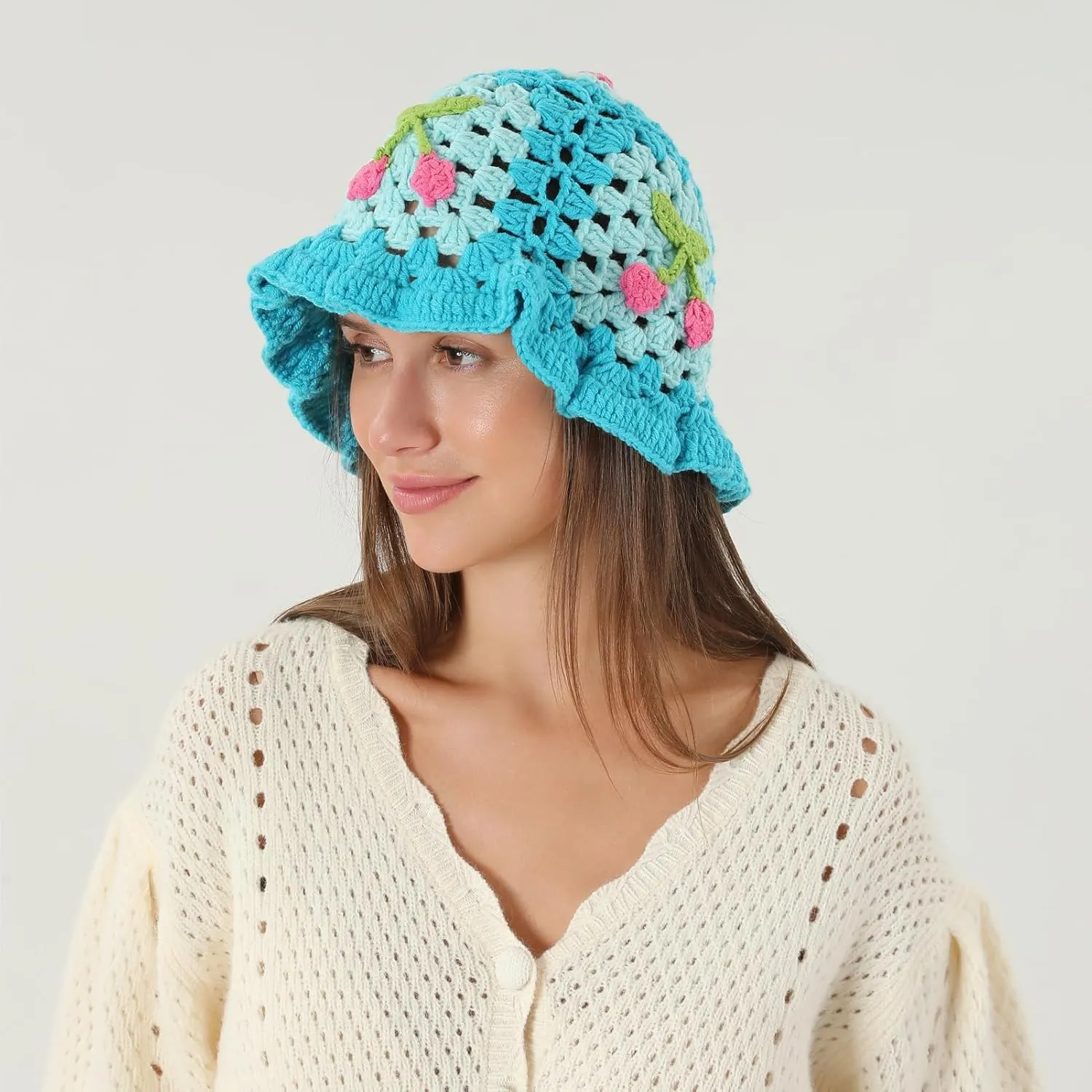 Fiewmay Crochet Bucket Hat for Women Handmade Floral Hat Portable Knitted Elastic Cute Beach Hat for Vacation Traveling