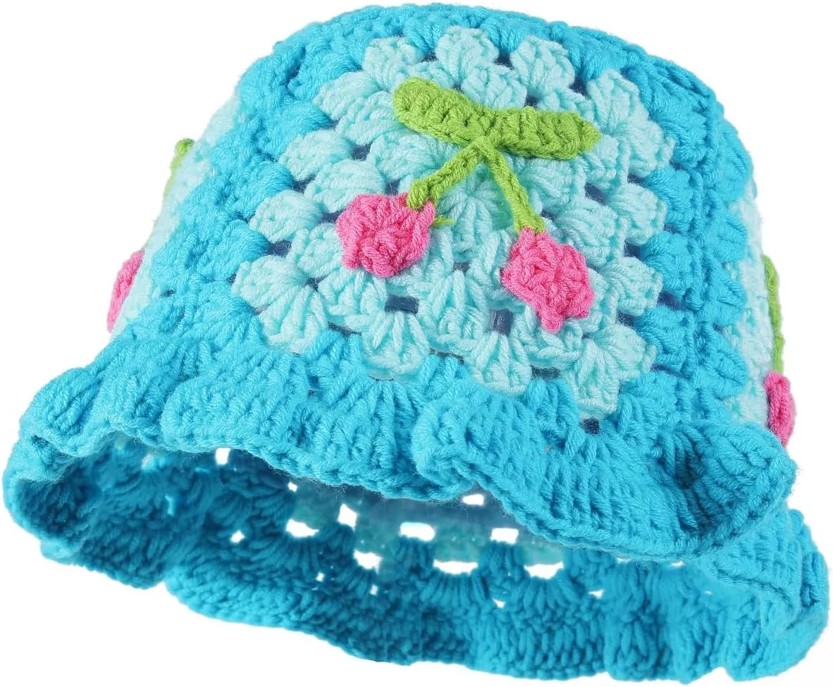 Fiewmay Crochet Bucket Hat for Women Handmade Floral Hat Portable Knitted Elastic Cute Beach Hat for Vacation Traveling