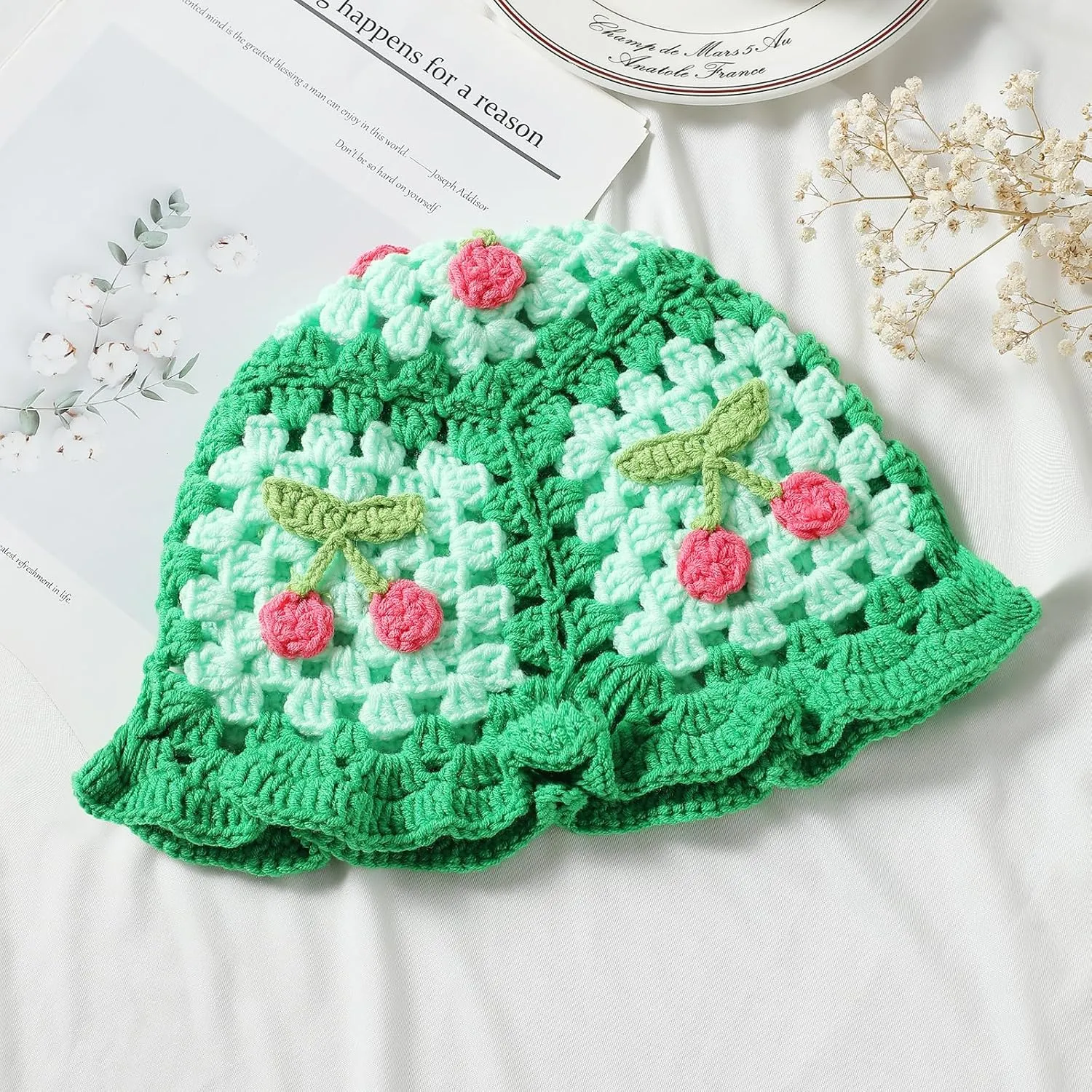 Fiewmay Crochet Bucket Hat for Women Handmade Floral Hat Portable Knitted Elastic Cute Beach Hat for Vacation Traveling