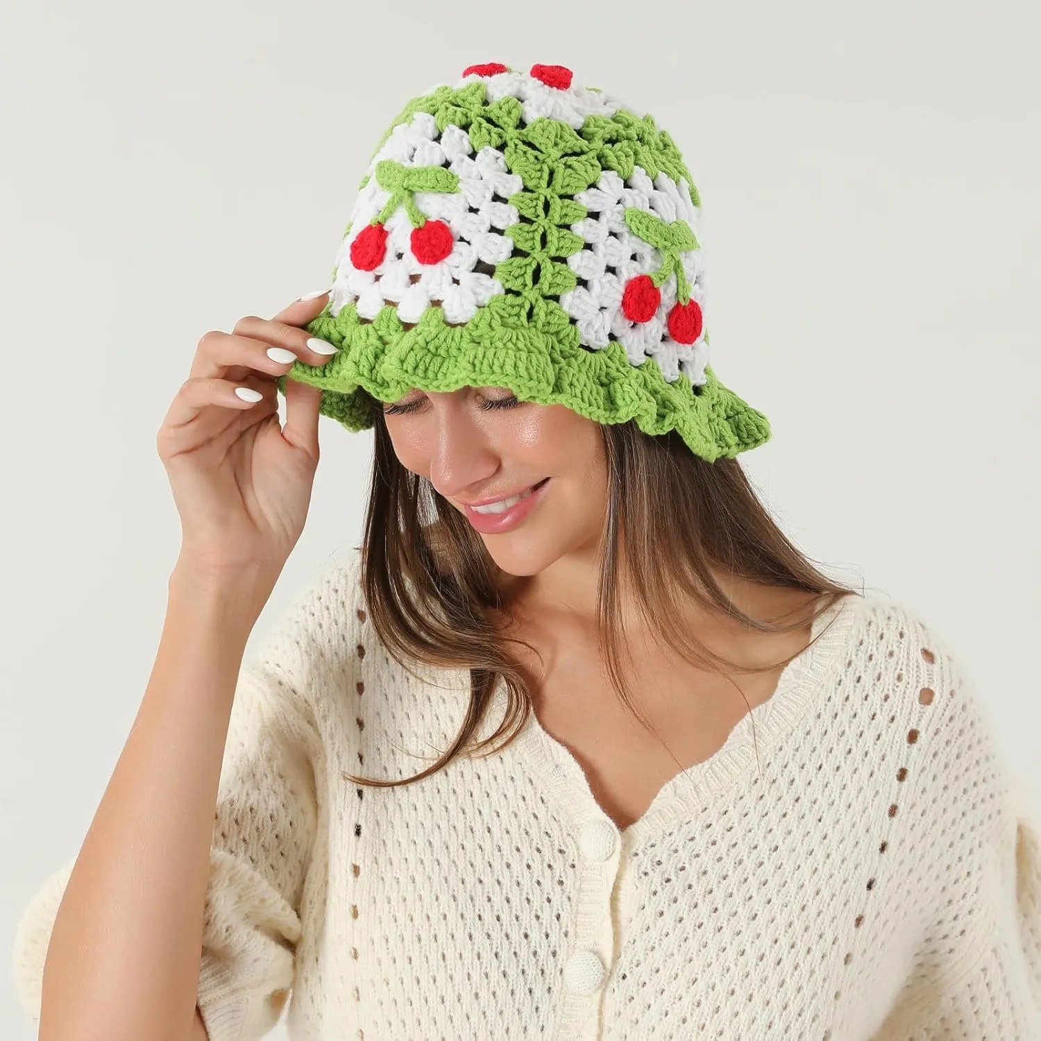 Fiewmay Crochet Bucket Hat for Women Handmade Floral Hat Portable Knitted Elastic Cute Beach Hat for Vacation Traveling