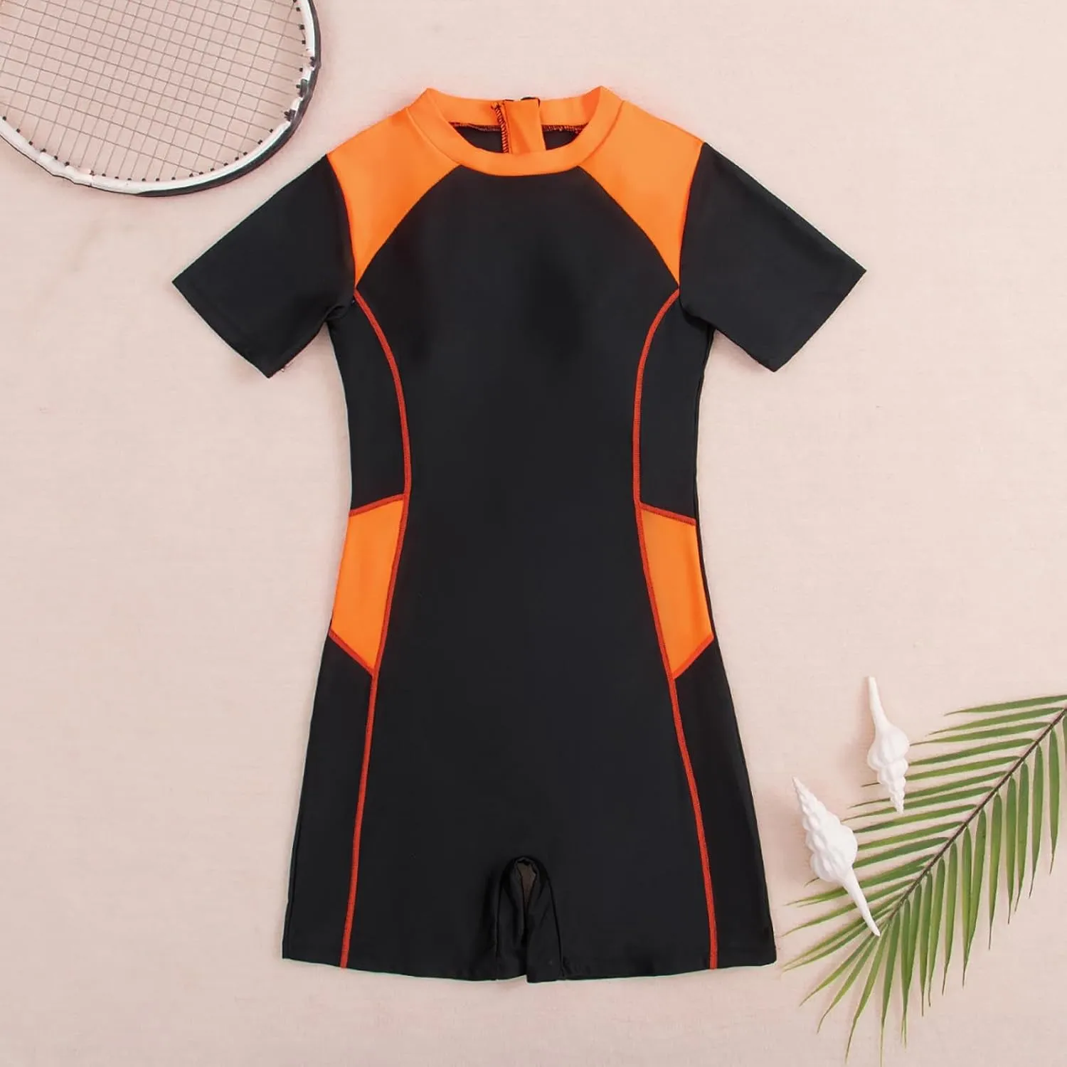 Firzero Womens Boyleg One Piece Rashguard Swimsuit High Neck Front Zip Surf Wetsuit Short Sleeve Colorblock Wetsuit