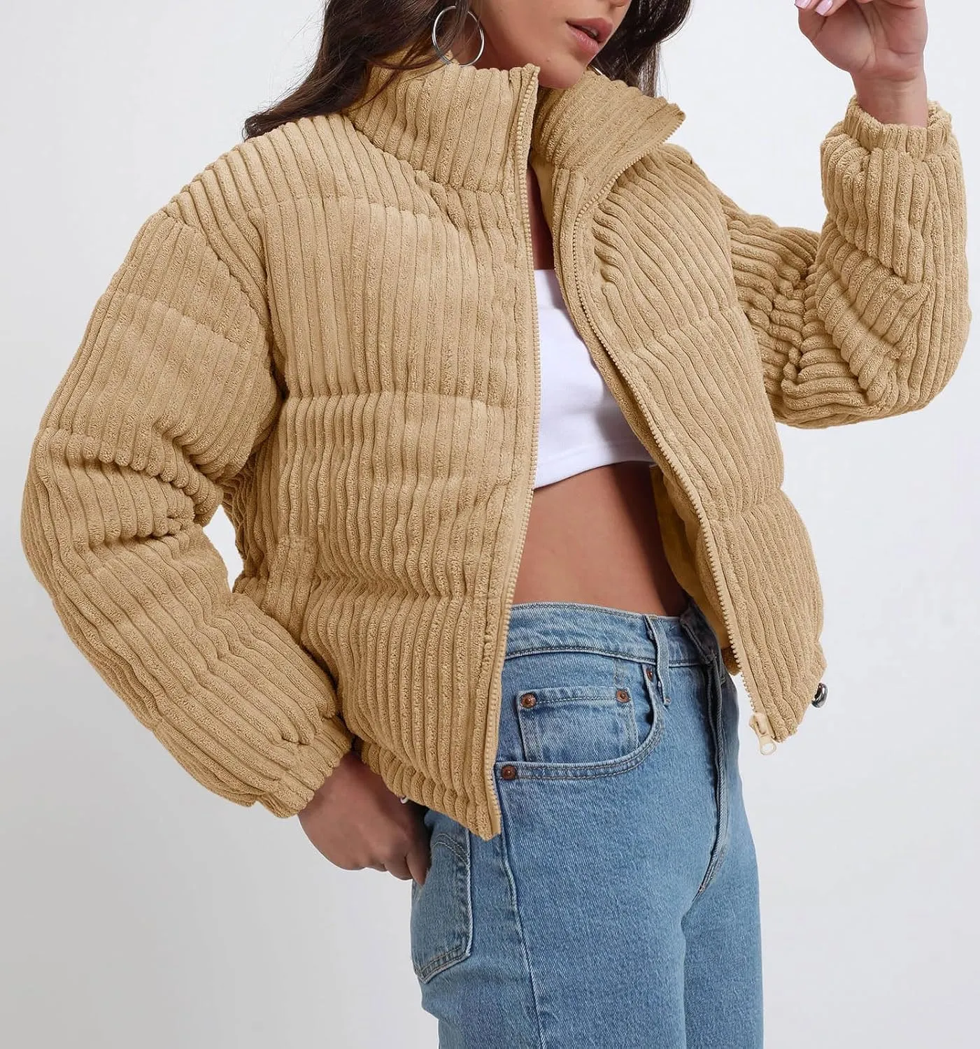 Fisoew Corduroy Puffer Jacket Women Long Sleeve Cropped Winter Coat Zip Up Stand Collar Short Warm Outerwear