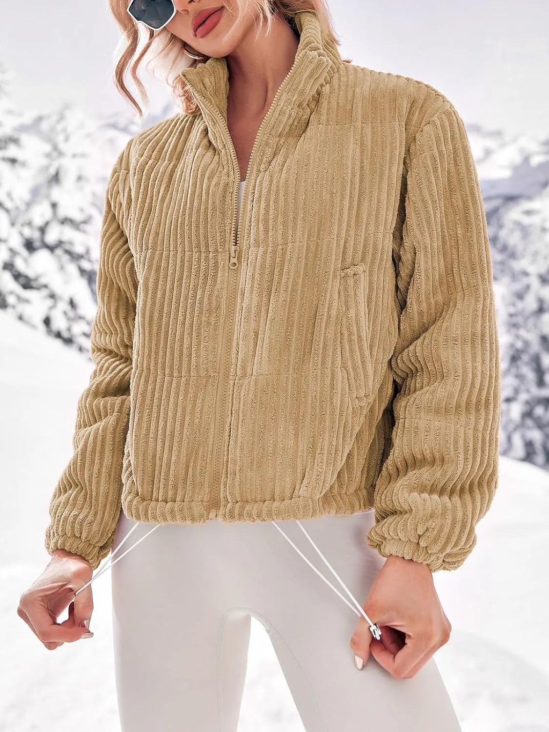 Fisoew Corduroy Puffer Jacket Women Long Sleeve Cropped Winter Coat Zip Up Stand Collar Short Warm Outerwear