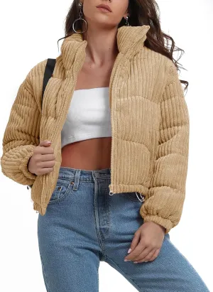 Fisoew Corduroy Puffer Jacket Women Long Sleeve Cropped Winter Coat Zip Up Stand Collar Short Warm Outerwear
