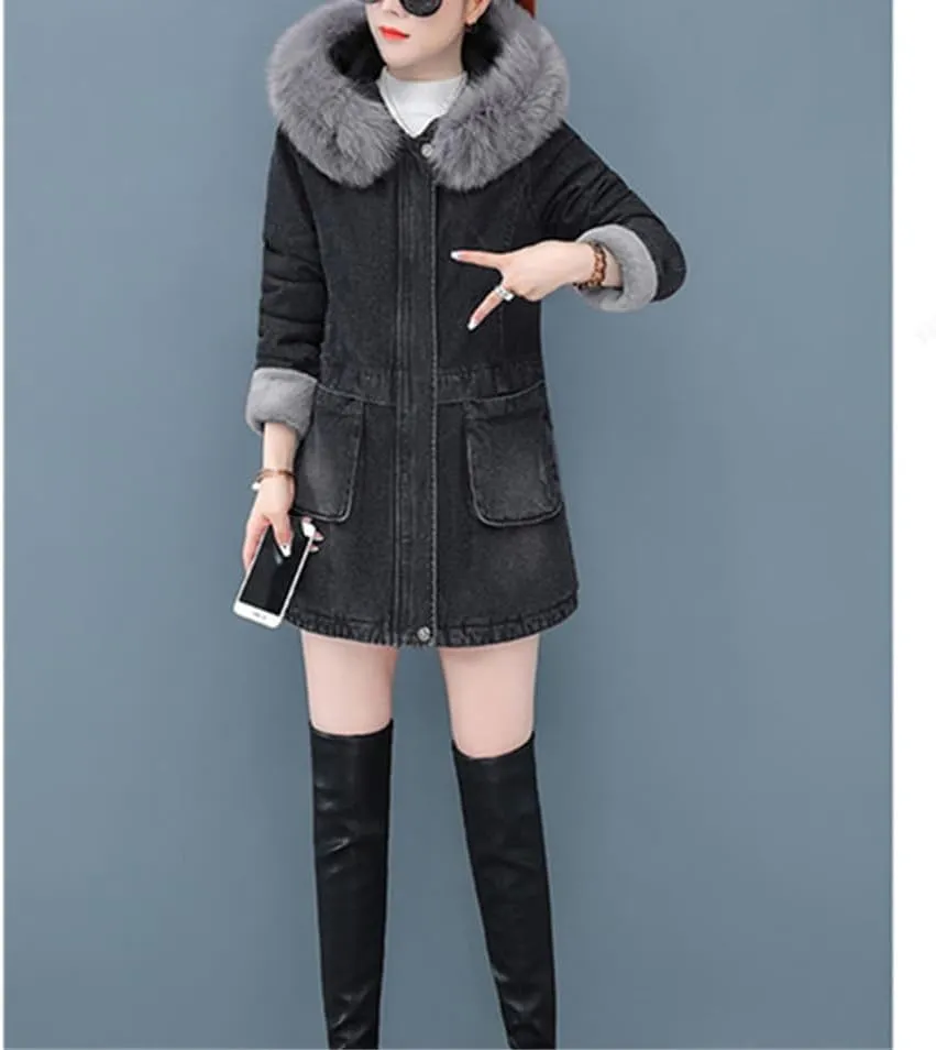 Fjnbbiot Women's Denim Jacket Winter Plus fleece Medium To Long Outerwear Fashion Big Wool Collar Cotton-Padded Coat