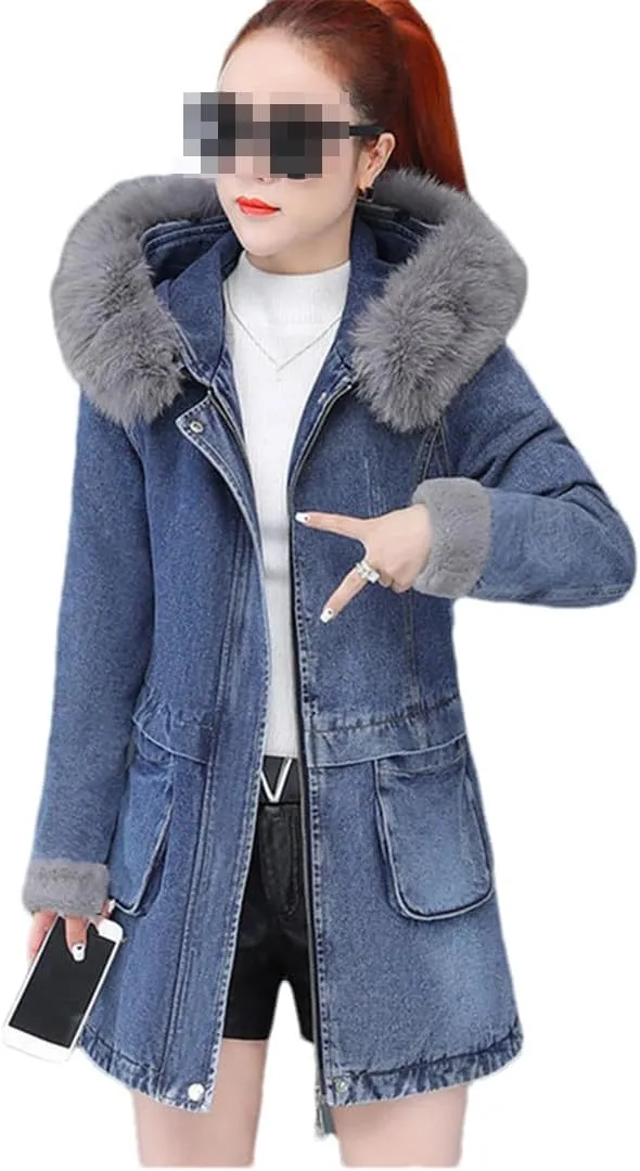 Fjnbbiot Women's Denim Jacket Winter Plus fleece Medium To Long Outerwear Fashion Big Wool Collar Cotton-Padded Coat