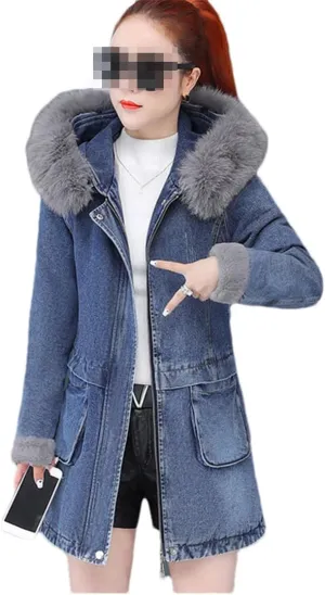 Fjnbbiot Women's Denim Jacket Winter Plus fleece Medium To Long Outerwear Fashion Big Wool Collar Cotton-Padded Coat