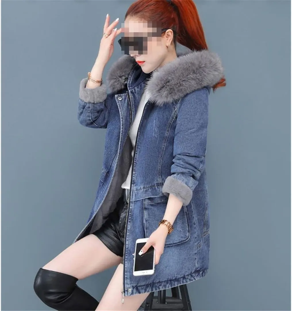 Fjnbbiot Women's Denim Jacket Winter Plus fleece Medium To Long Outerwear Fashion Big Wool Collar Cotton-Padded Coat