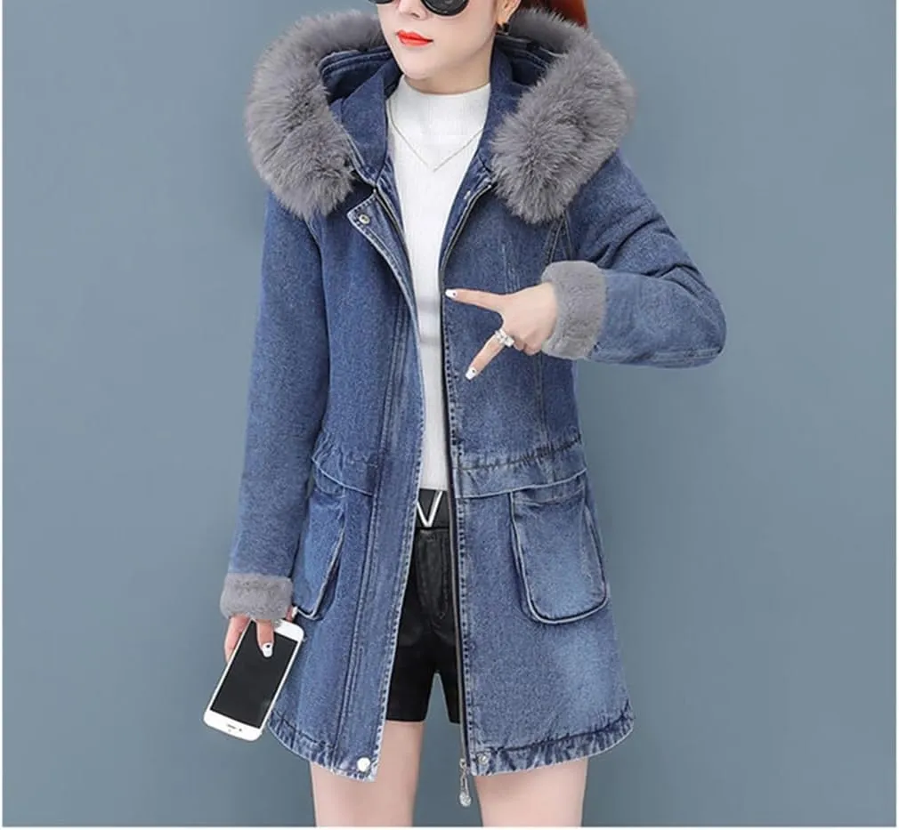 Fjnbbiot Women's Denim Jacket Winter Plus fleece Medium To Long Outerwear Fashion Big Wool Collar Cotton-Padded Coat