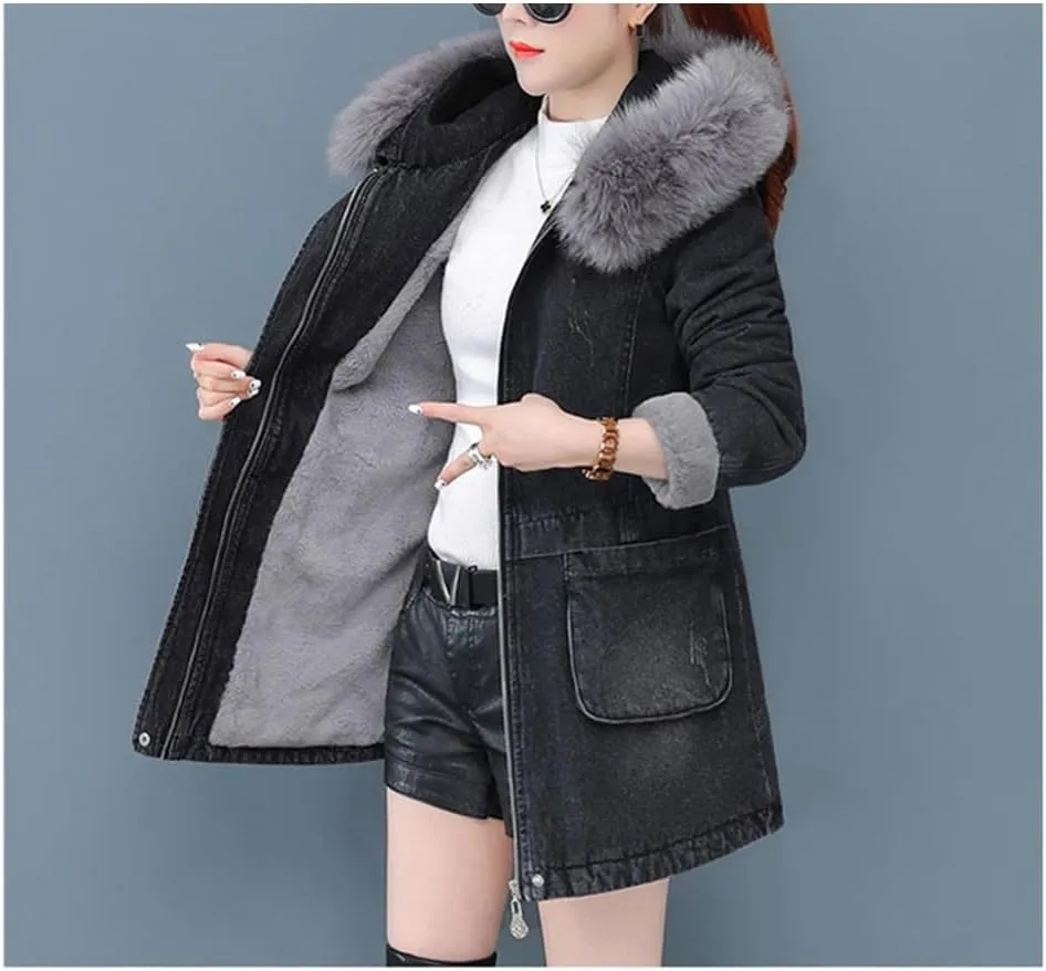 Fjnbbiot Women's Denim Jacket Winter Plus fleece Medium To Long Outerwear Fashion Big Wool Collar Cotton-Padded Coat
