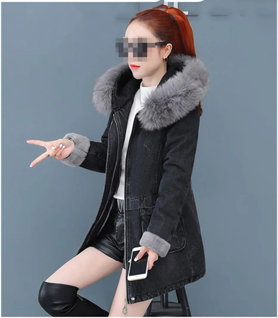 Fjnbbiot Women's Denim Jacket Winter Plus fleece Medium To Long Outerwear Fashion Big Wool Collar Cotton-Padded Coat
